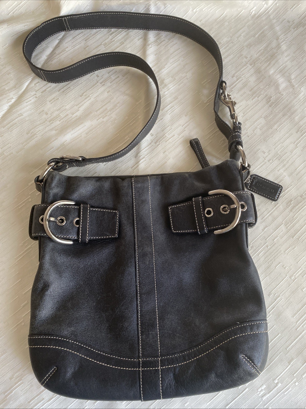 Vintage Coach Black Signature Shoulder Bag Zip Closure Buckle Silver Hardware