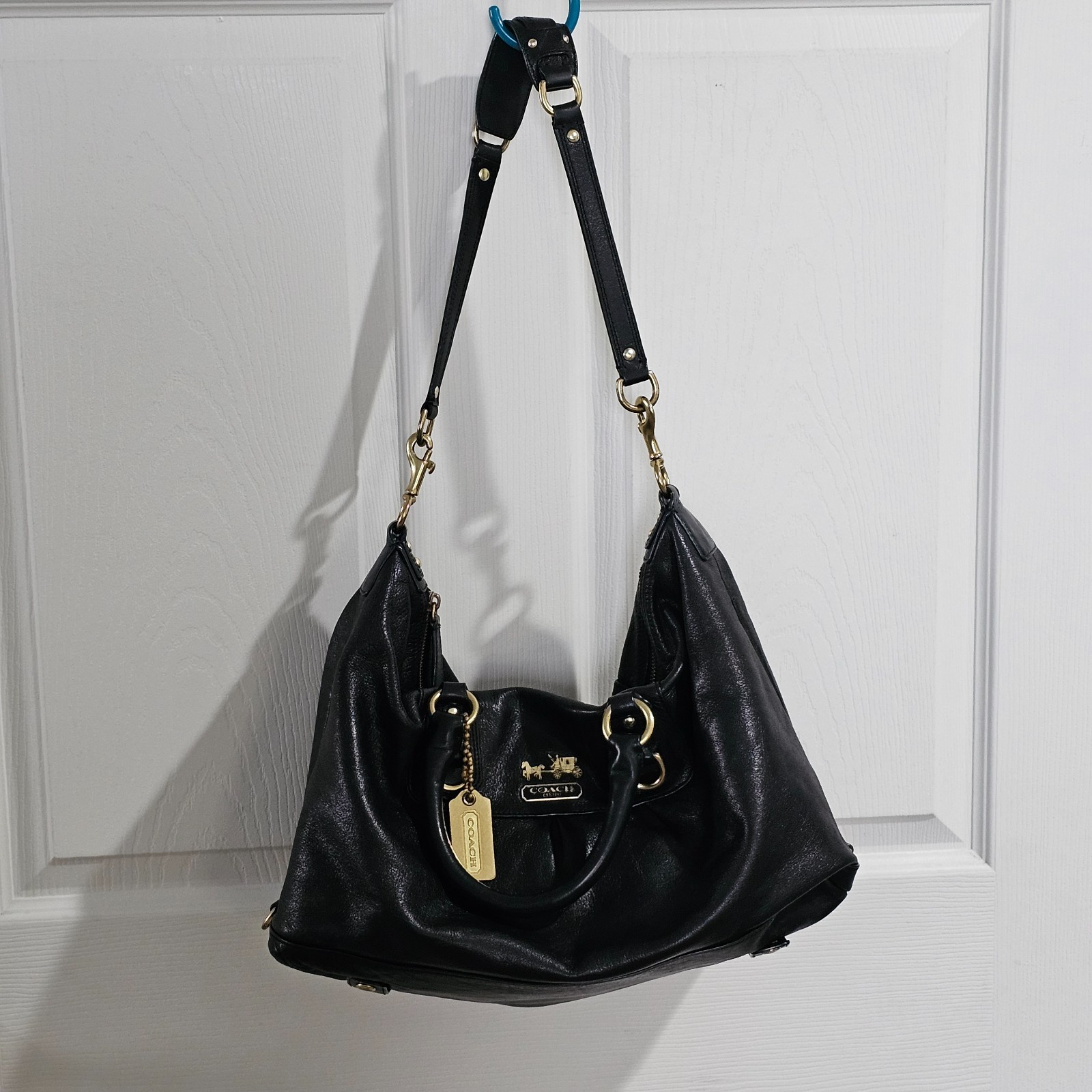Coach Madison Sabrina Black Leather Satchel Handbag Purple Silk Lining 12949
