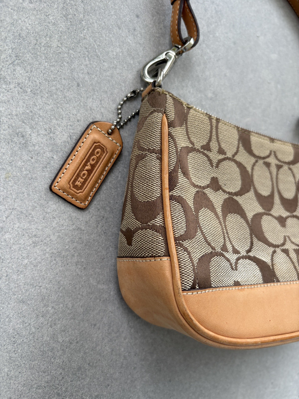 Coach Signature Demi Pouch shoulder Bag Canvas Leather Beige 6094 excellent cond