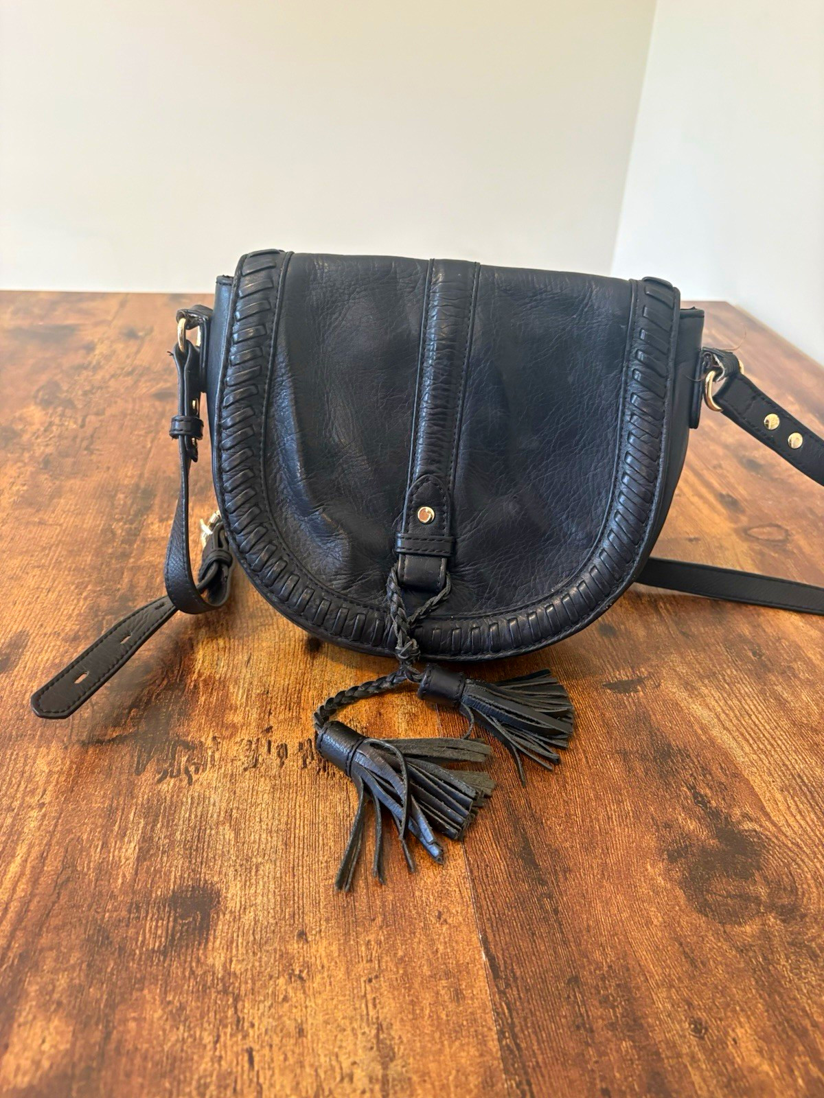 JOE’S JEANS Black Pebbled Medium Crescent Crossbody, Tassel, Silver Hardware