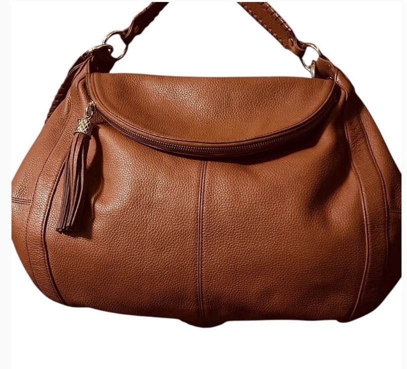 Onna Ehrlich Brown Pebbled Shoulder Bag Zip Closure