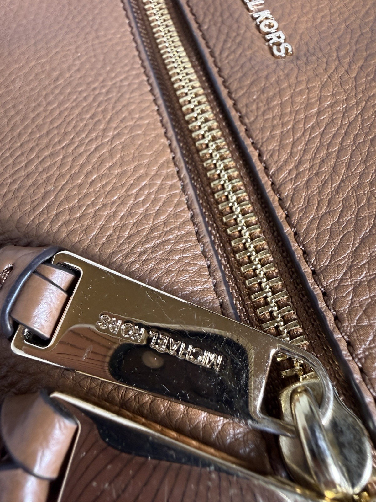 Michael Kors Rhea Slim Medium Brown Pebbled Leather Backpack Gold Trim NWT