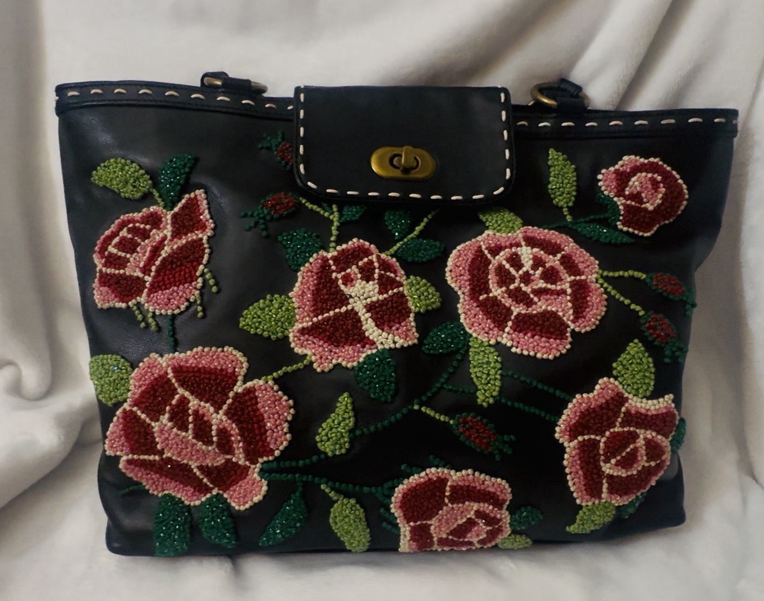 Isabella Fiore Black Leather Embroidered Beaded Roses Shoulder Handbag NWT/Mint