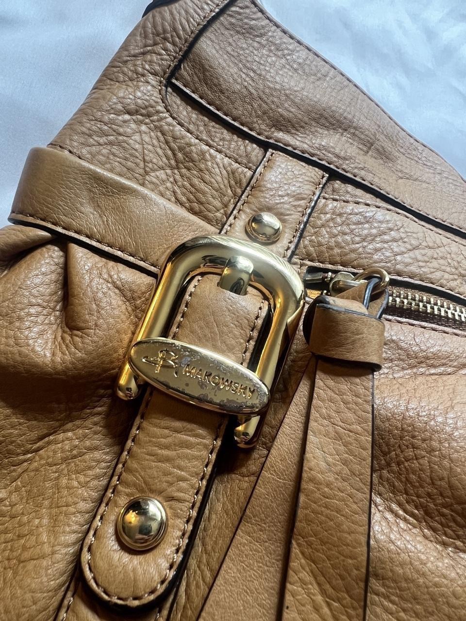 B. Makowsky Tan/Brown Leather Silver Hardware Shoulder Hobo Bag Purse Handbag