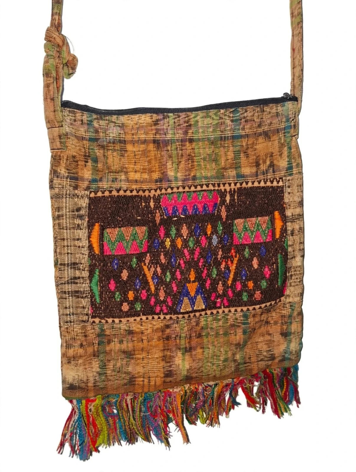 Vintage Boho Crossbody Bag Ethnic Embroidered Fringe Tassel Hippie Zip