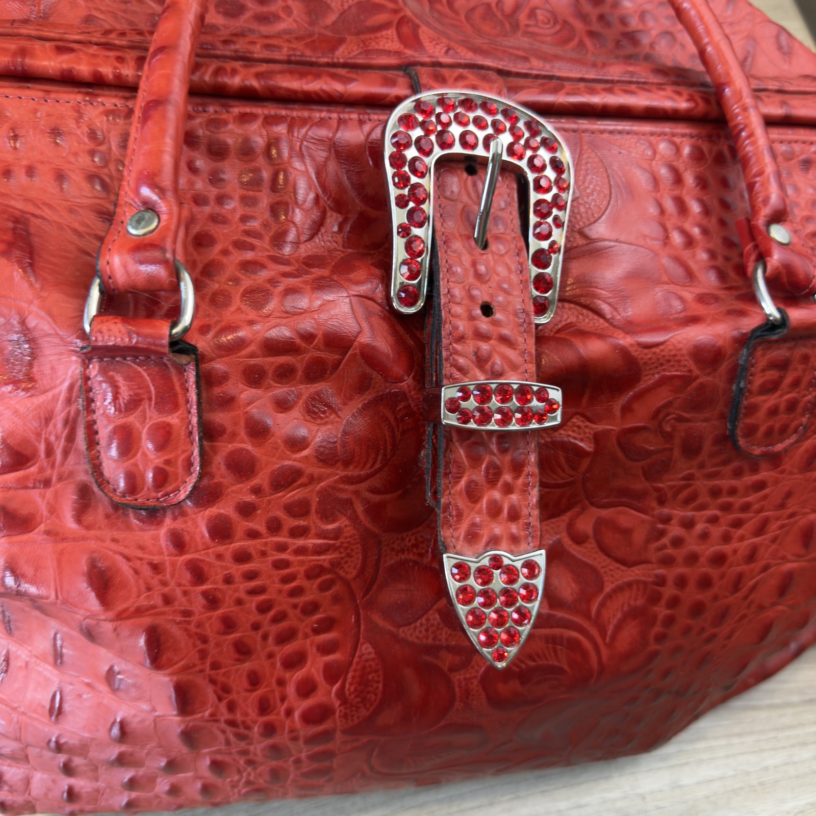 B.B. Simon Women’s Red Leather Satchel Handbag Rhinestone Western Buckle Large