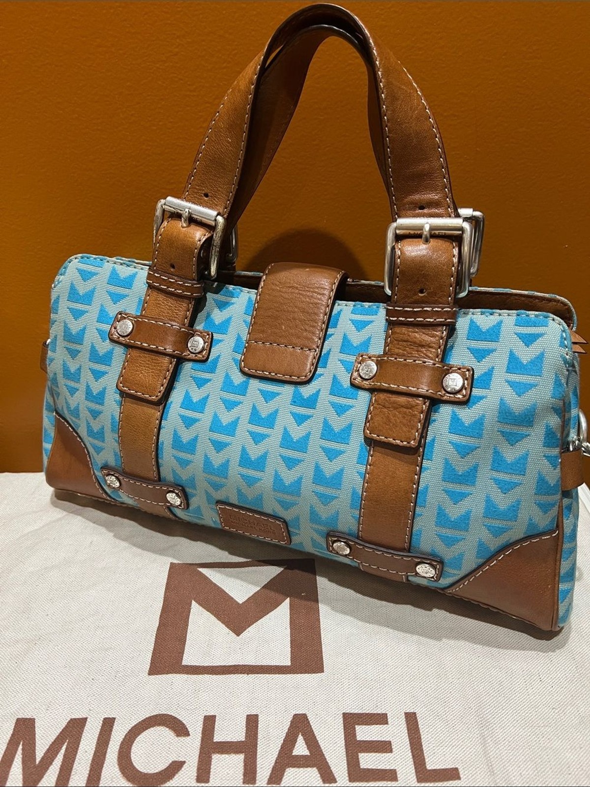 Y2K Michael Michael Kors Signature Jacquard Satchel with Brown Leather Trim