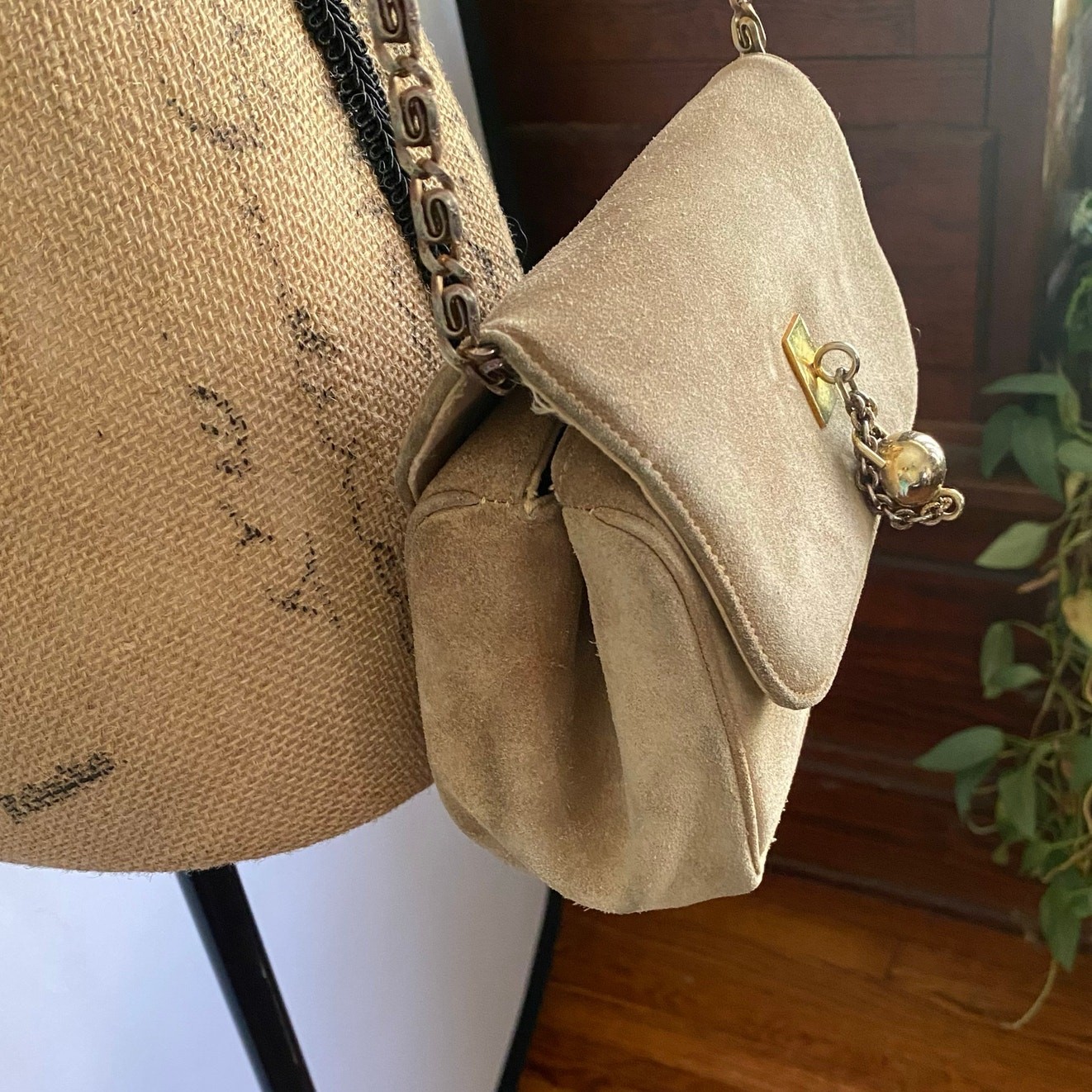 Vintage Susan Gail Suede Mini Shoulder Bag Camel Chain Strap 70s Crossbody Purse