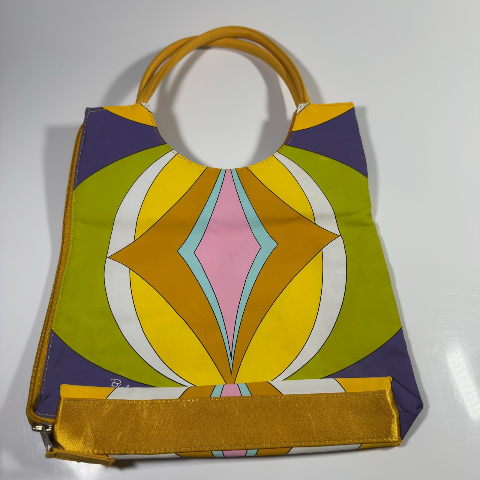 Vintage Biolage Tote Purse Handbag Retro 70s Mod Psychedelic Geometric Yellow