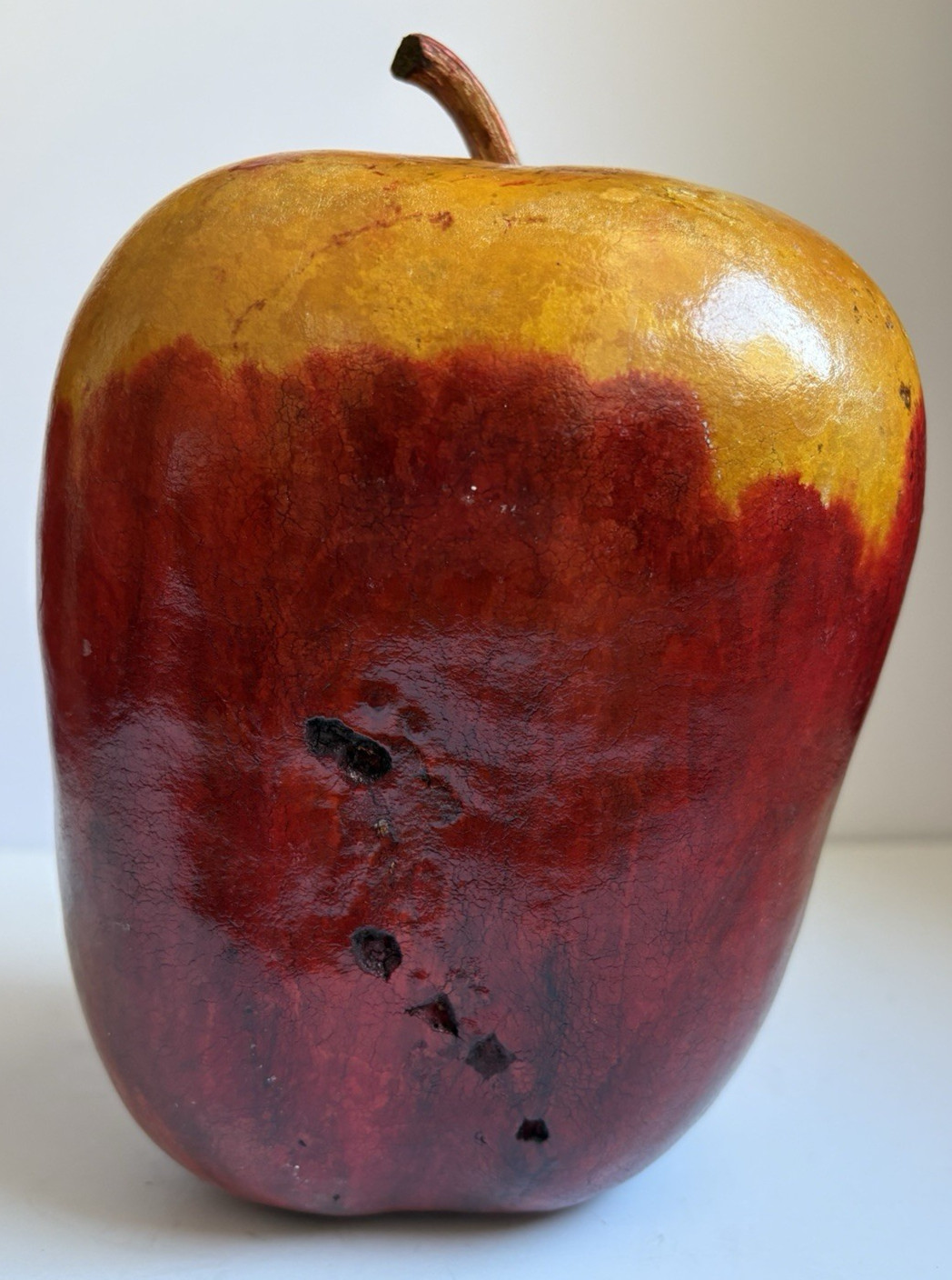 Whimsical Art Large Red and Gold Apple Made from a Hollow Squash ,8″ tall X 6″ W