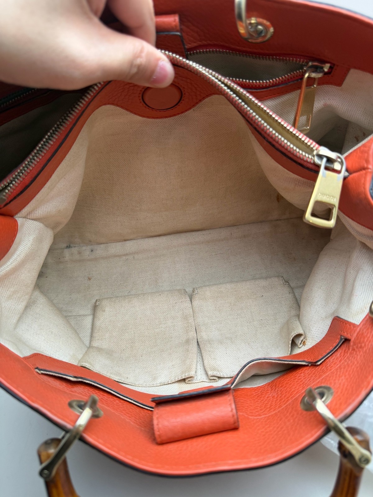 Gucci Bamboo Series Medium Orange Pebbled Cowhide Tote Handbag US Ship
