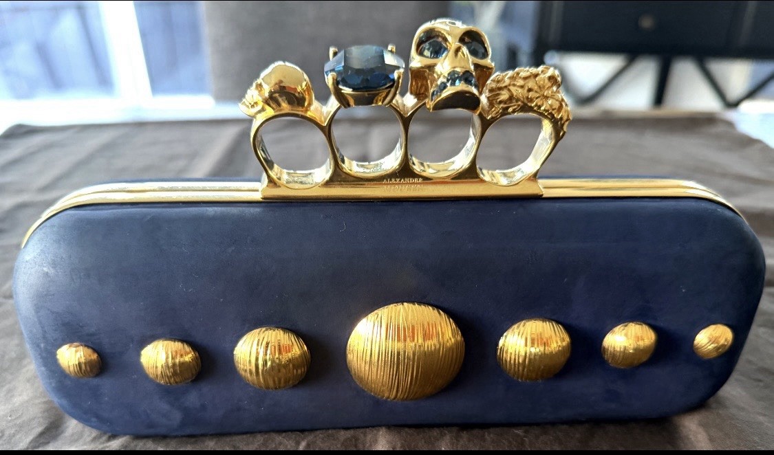 Alexander McQueen Blue Suede Skull Knuckle Clutch Gold Hardware Studded Dust Bag