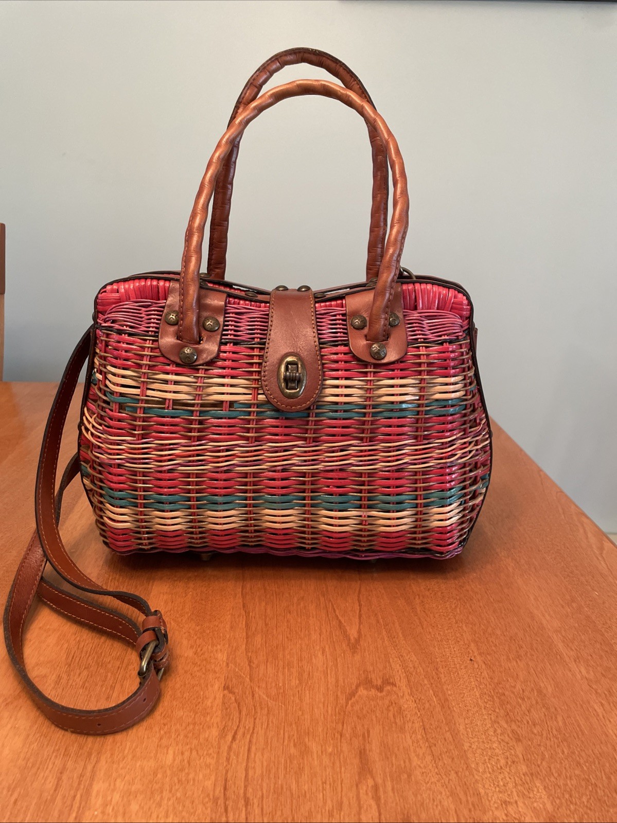 Patricia Nash Spring Wicker Multi Stripe Lucena Satchel Shoulder Bag GUC
