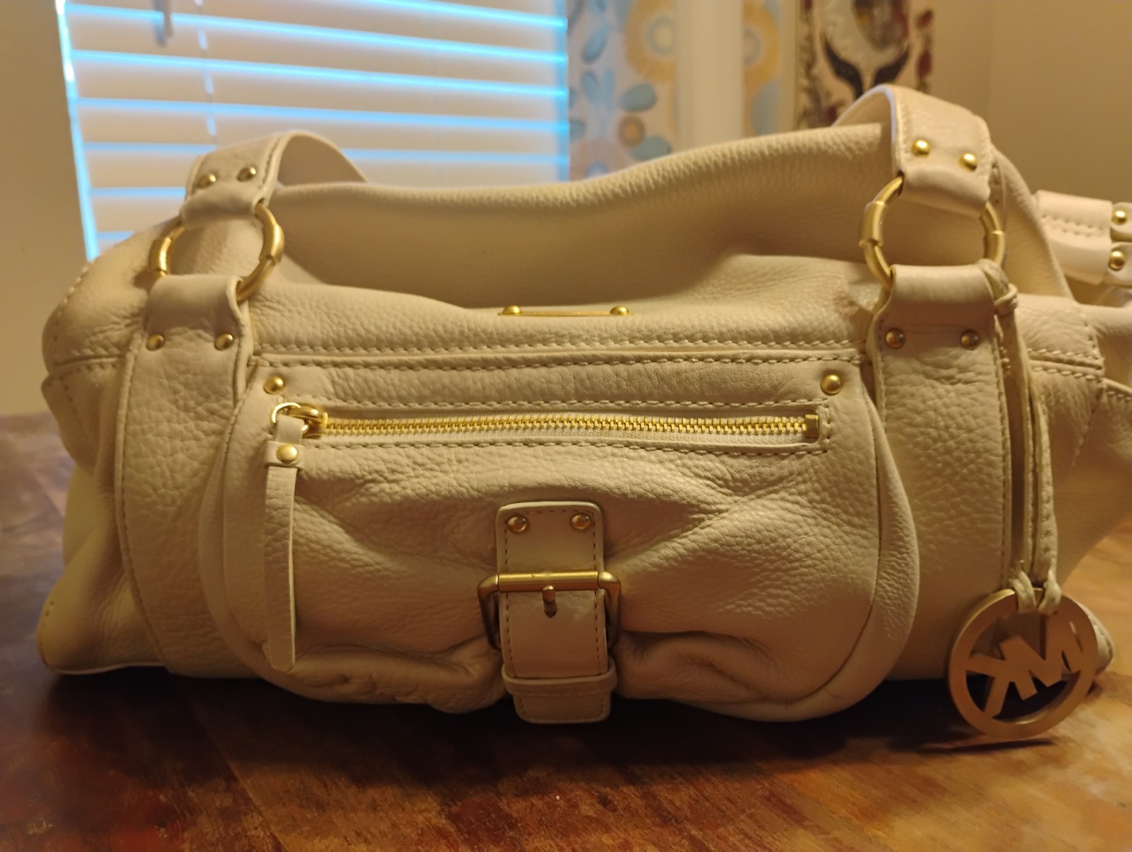 Michael Kors Fulton White Pebbled Leather Studded Satchel Shoulder Bag MK Charm