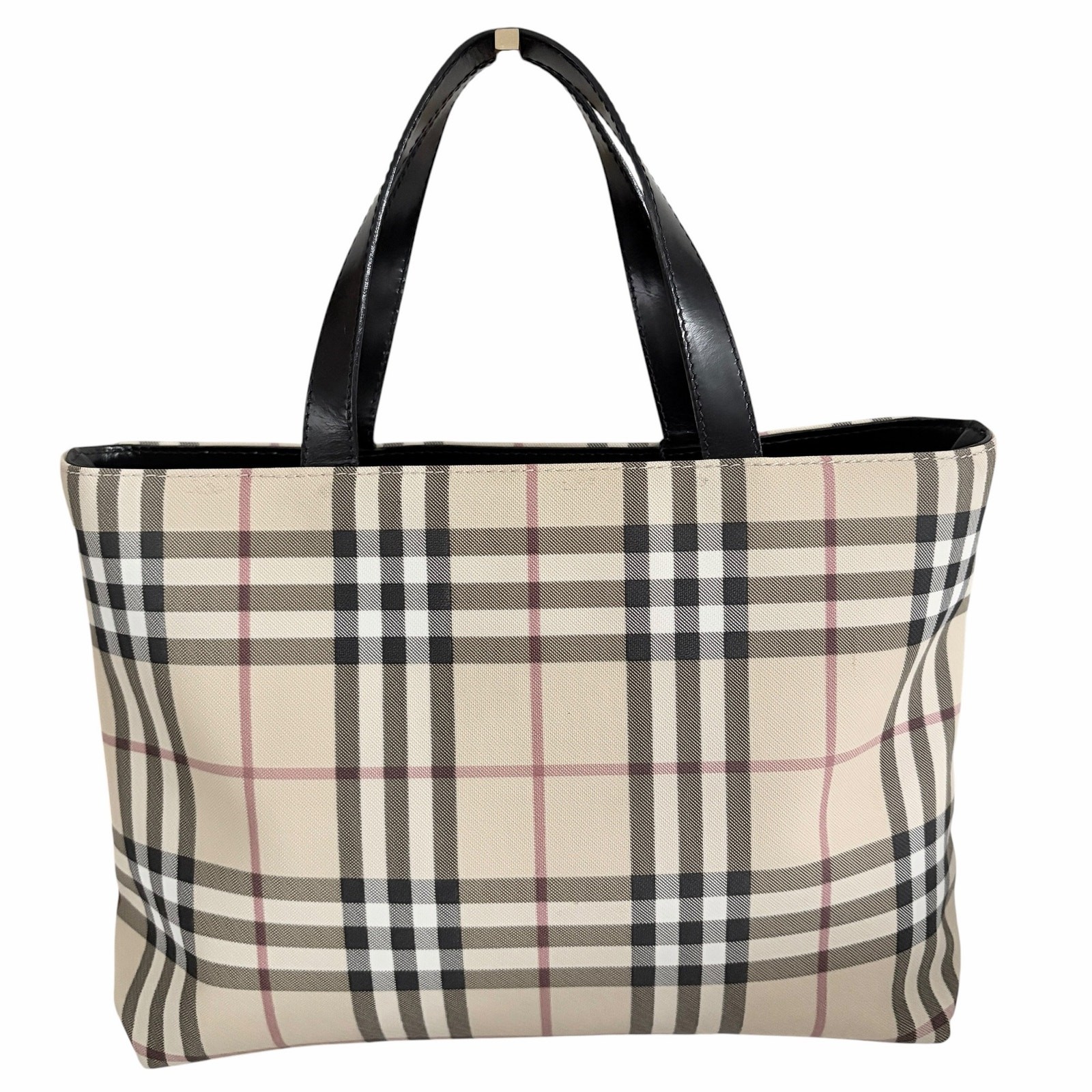 Burberry London Nova Check Tote Bag Beige PVC Black Leather Handles Italy