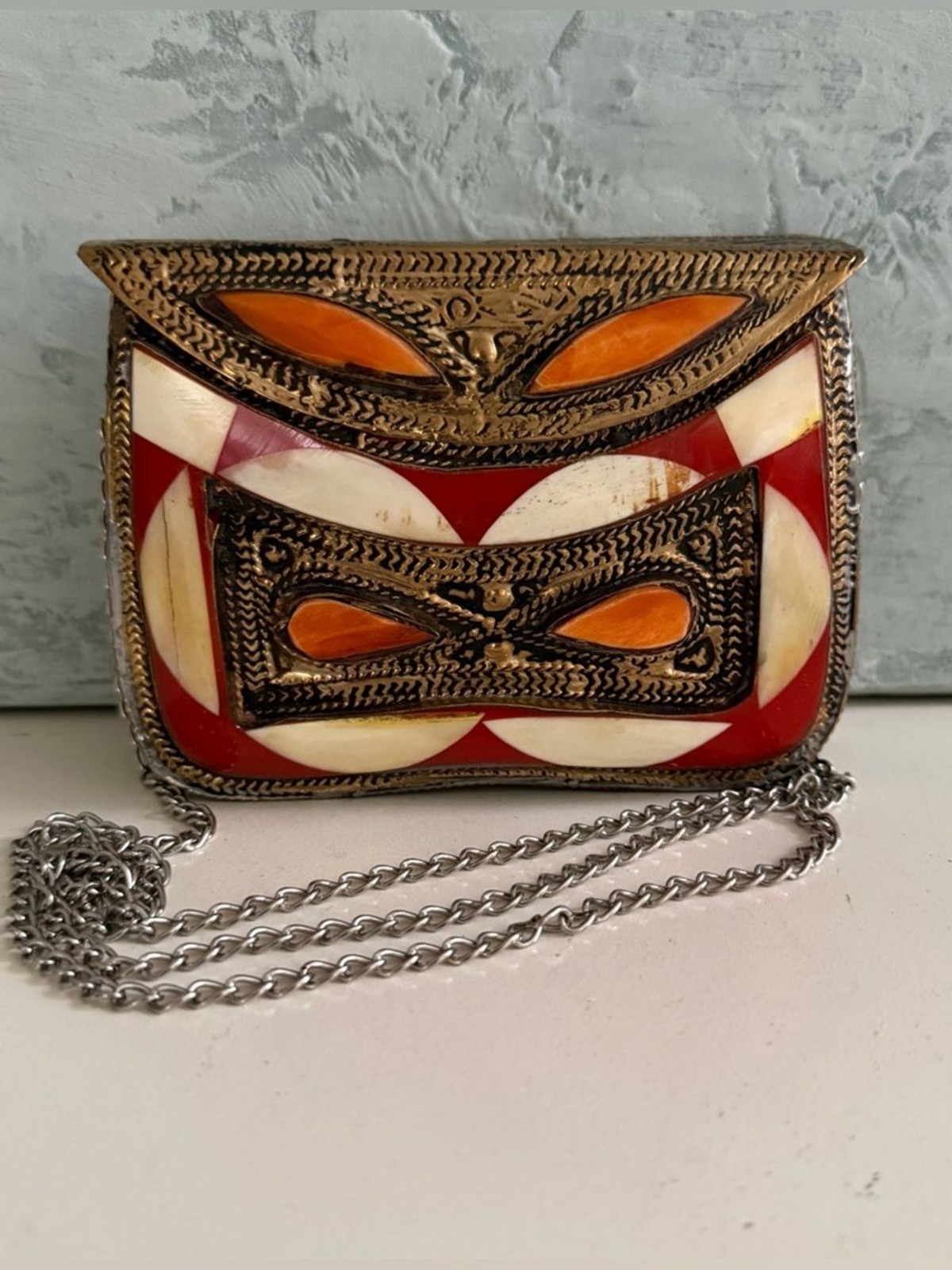 Moroccan Hammered Brass Mosaic Inlay Evening Bag Purse Boho Festival Artisan