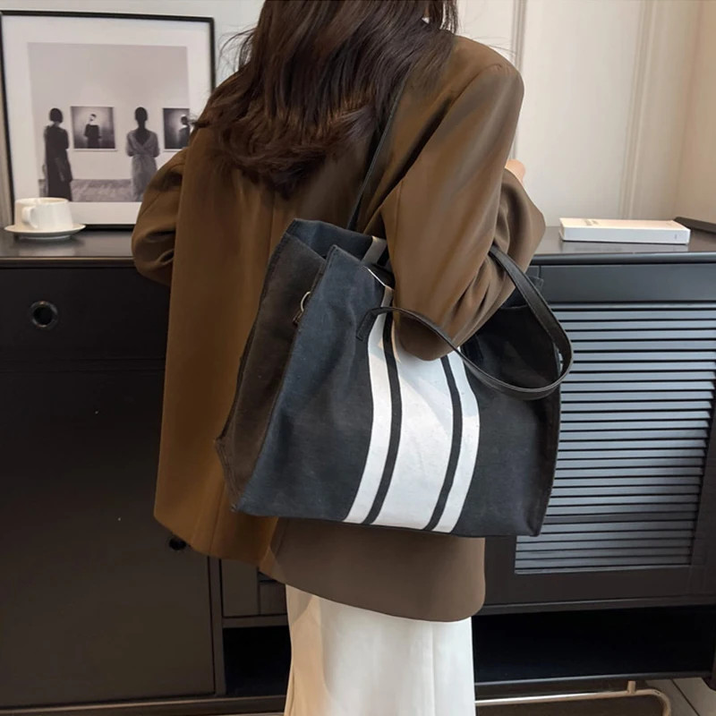 Minimalist Stripe Shoulder Bag Large Canvas Handbag for Travel Camping Portable