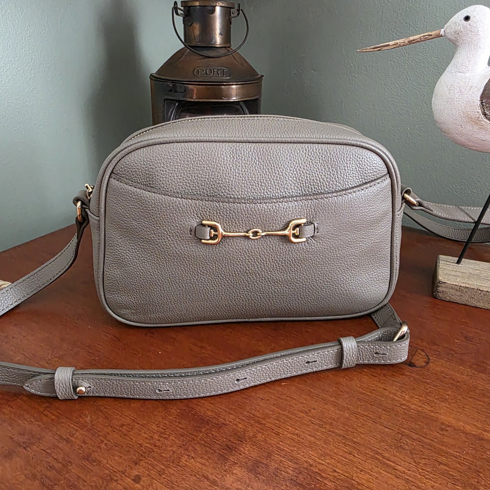 Sam Edelman Loraine Horsebit Camera Bag Taupe Pebbled Leather Crossbody