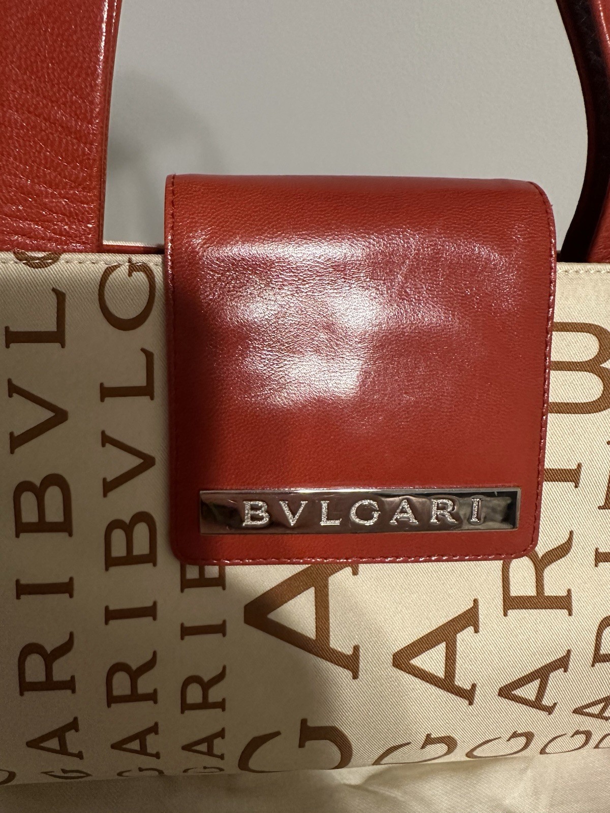BVLGARI Beige/Brown Logo Shoulder Bag, Red Leather Strap, Zip, Silver HW