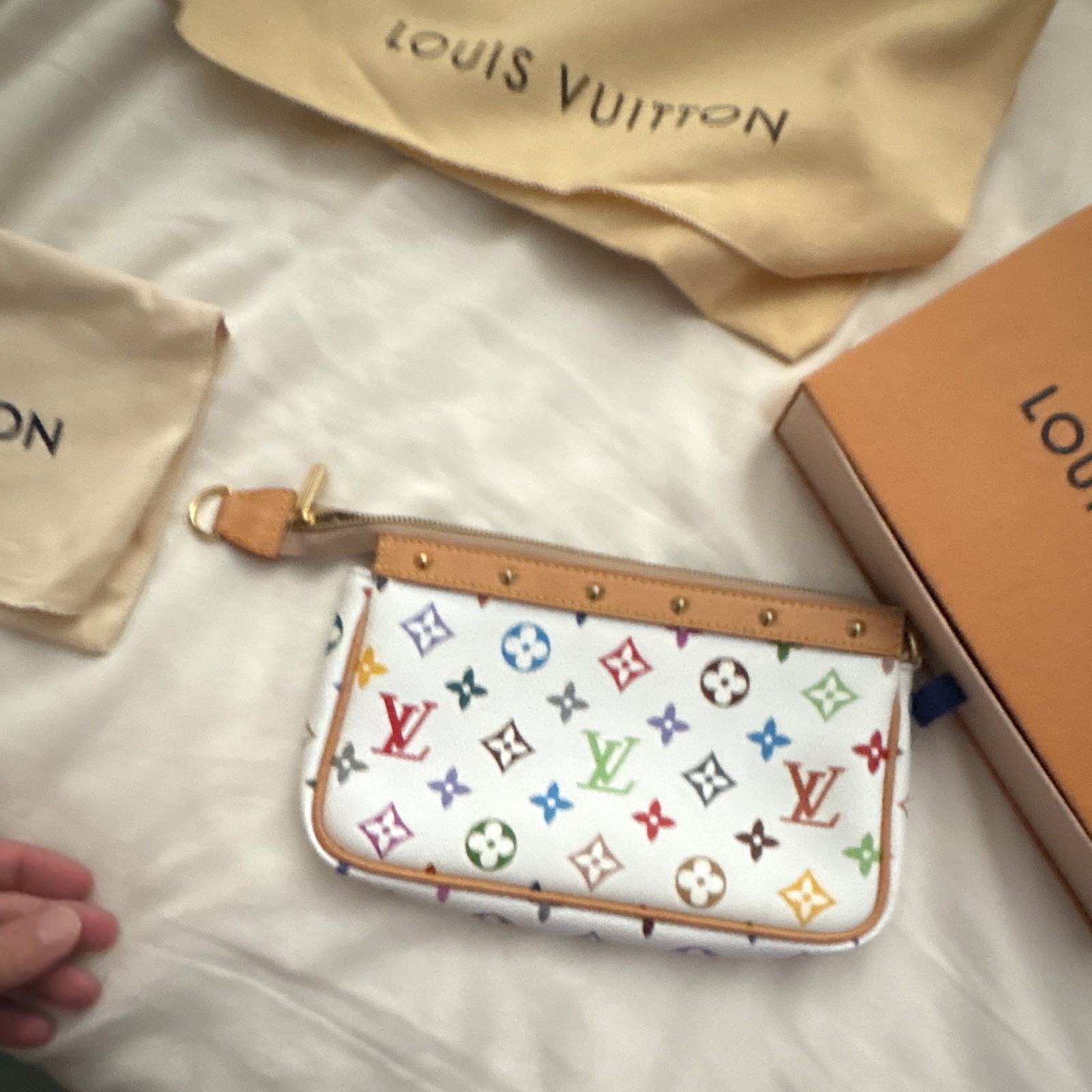 Louis Vuitton White Multicolor Monogram Zip Wrist Strap Clutch, Box & Dust Bag