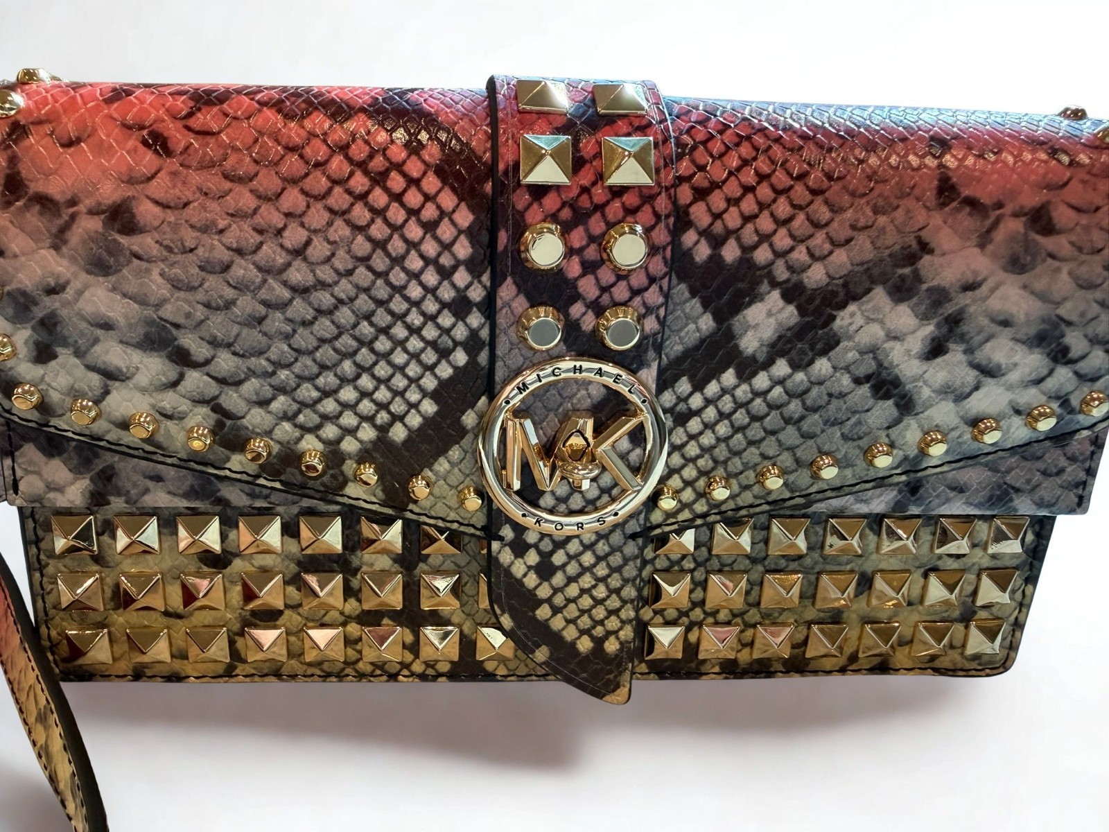Michael Kors Greenwich Studded Snakeskin Print Leather Crossbody Bag Pink Ombre