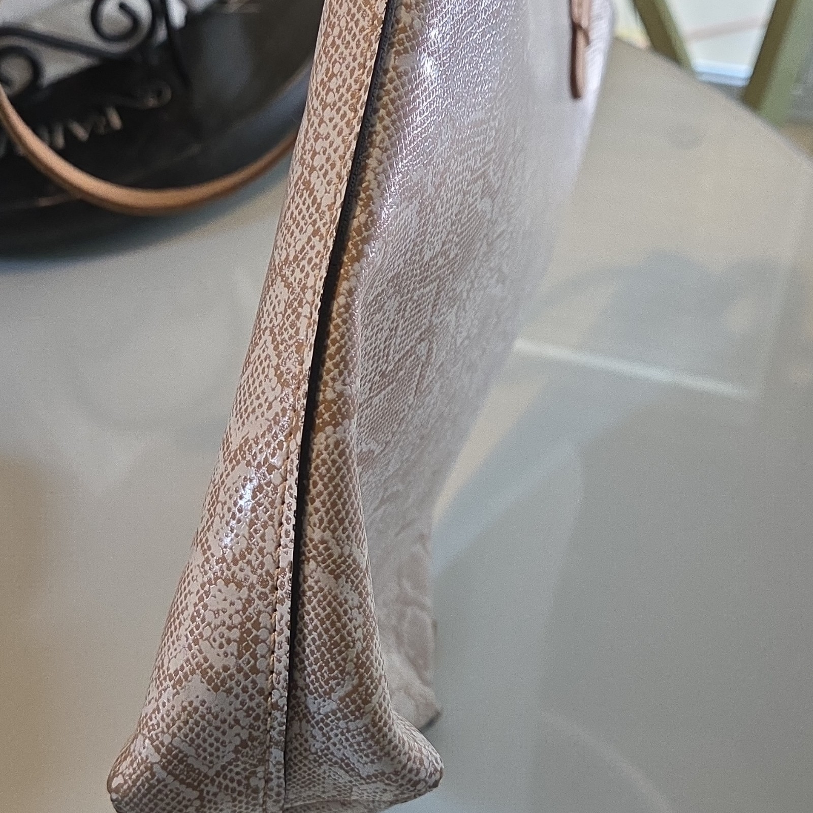 Consuela Beige Snake Print Tote Bag Tan Double Handles Detachable Pouch Pockets