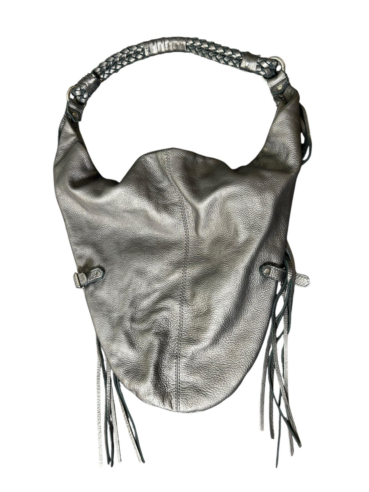 Linea Pelle Vanessa Hobo Shoulder Bag Large Fringe Gray Silver Braided Strap