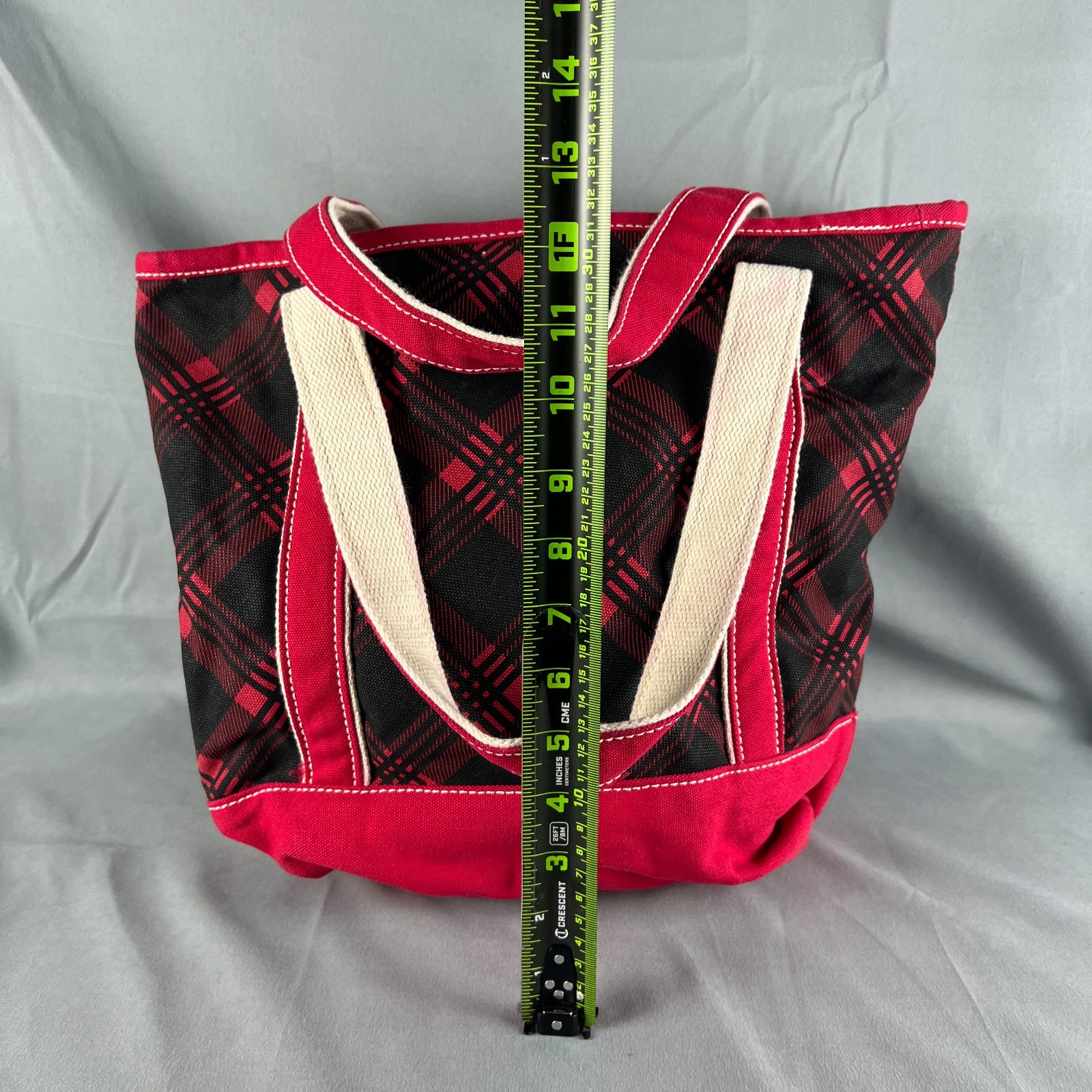 Lands’ End Canvas Tote Bag Womens Black Red Plaid Cotton Double Handle Travel