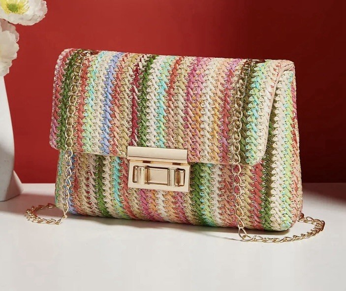 Women’s Small Straw Color Block Streetwear Weave Lock Clasp Square Bag