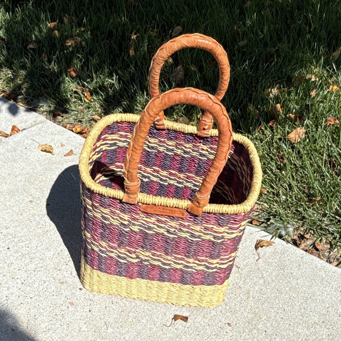African Hand made Medium size Basket 20 years old, Leather Handles.