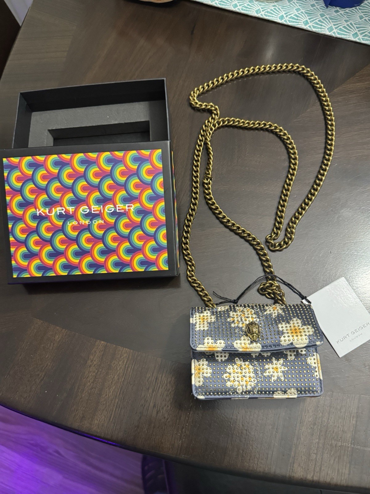 Kurt Geiger London Floral Studded Leather Card Holder Drench Crossbody Bag NWT