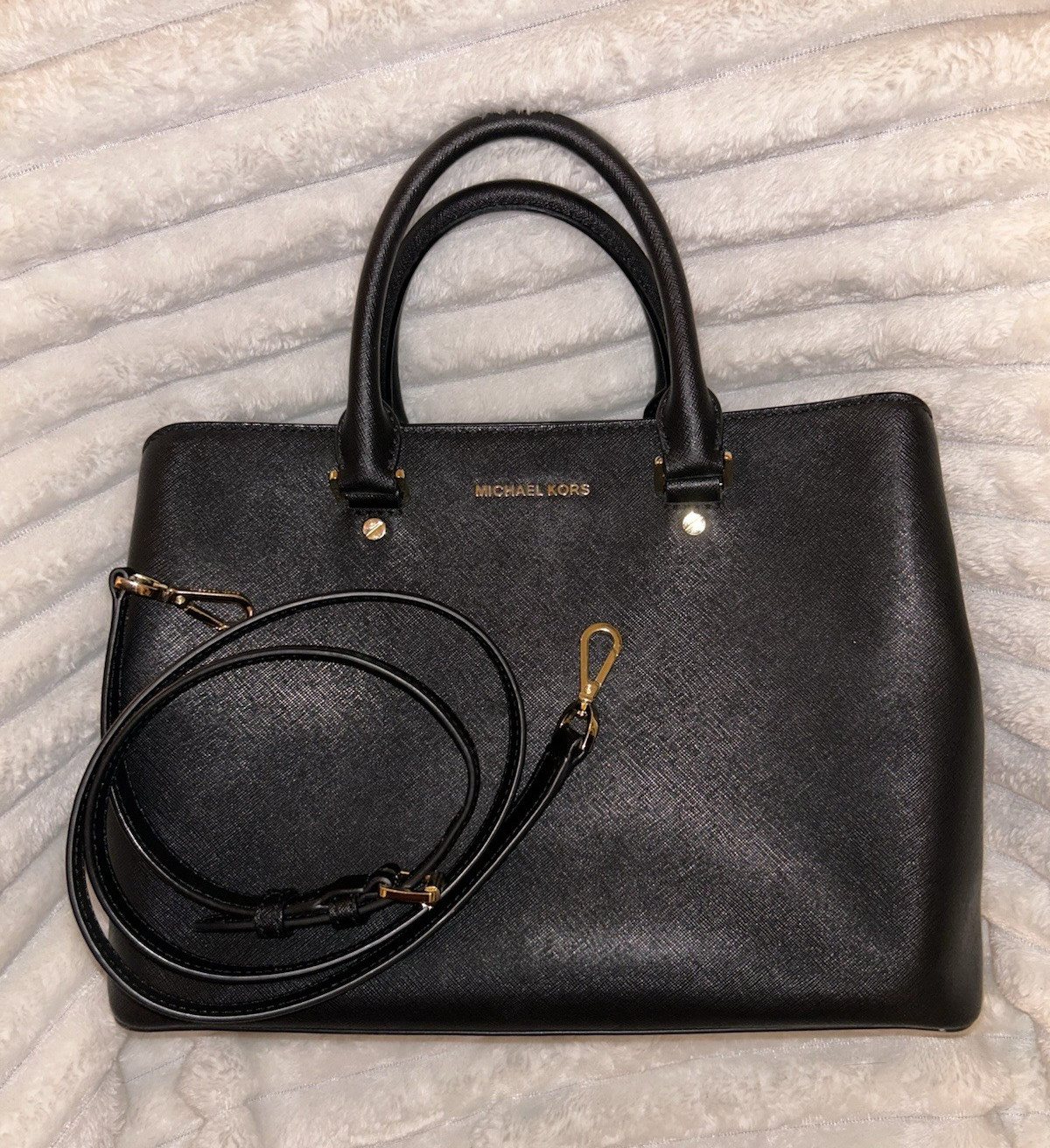 Michael Kors Savannah Large Satchel Black Saffiano Leather Gold Crossbody Strap