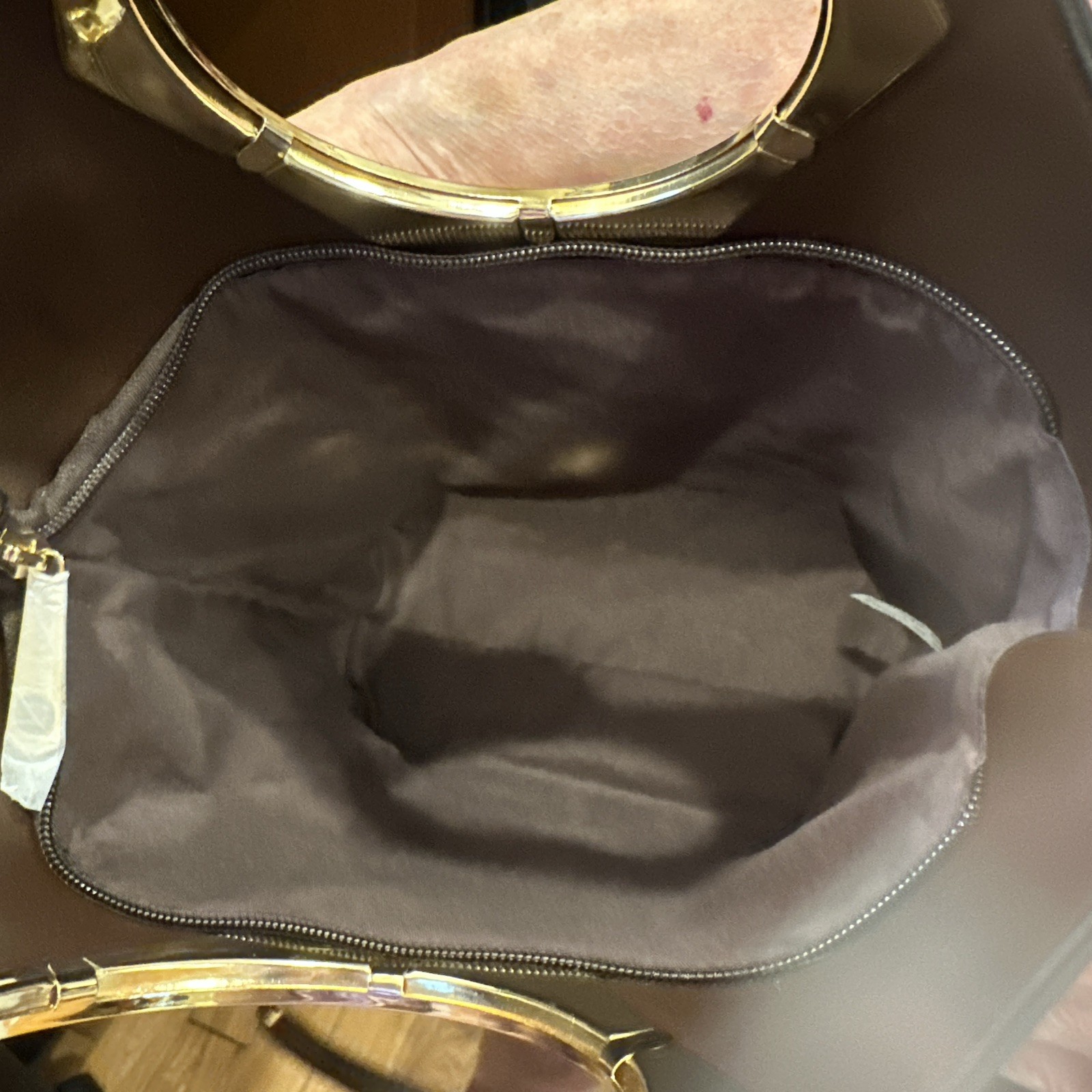 Geometric Print Handbag Cream Brown Gold Handles Convertible Shoulder Crossbody