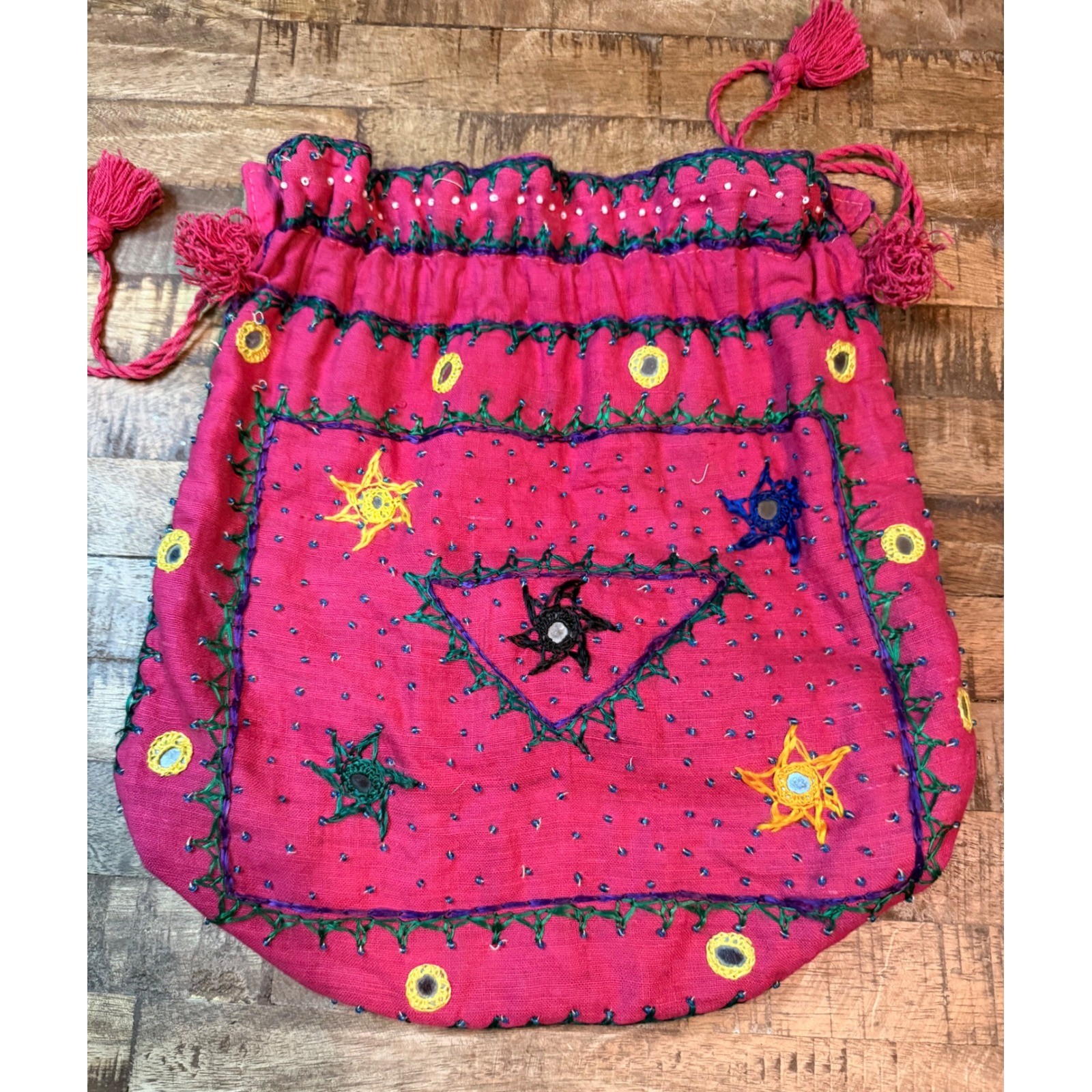 Pink Hand Embroidered Mirror Work Drawstring Pouch Bag Bohemian Folk Art Tassel