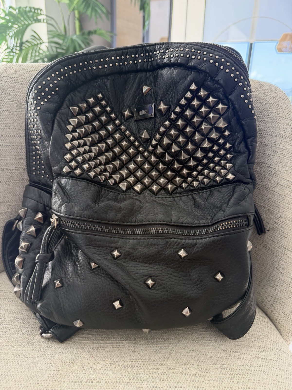 Prüne Women’s Black Studded Backpack Zip Closure Front Zip Pocket, 100% leather