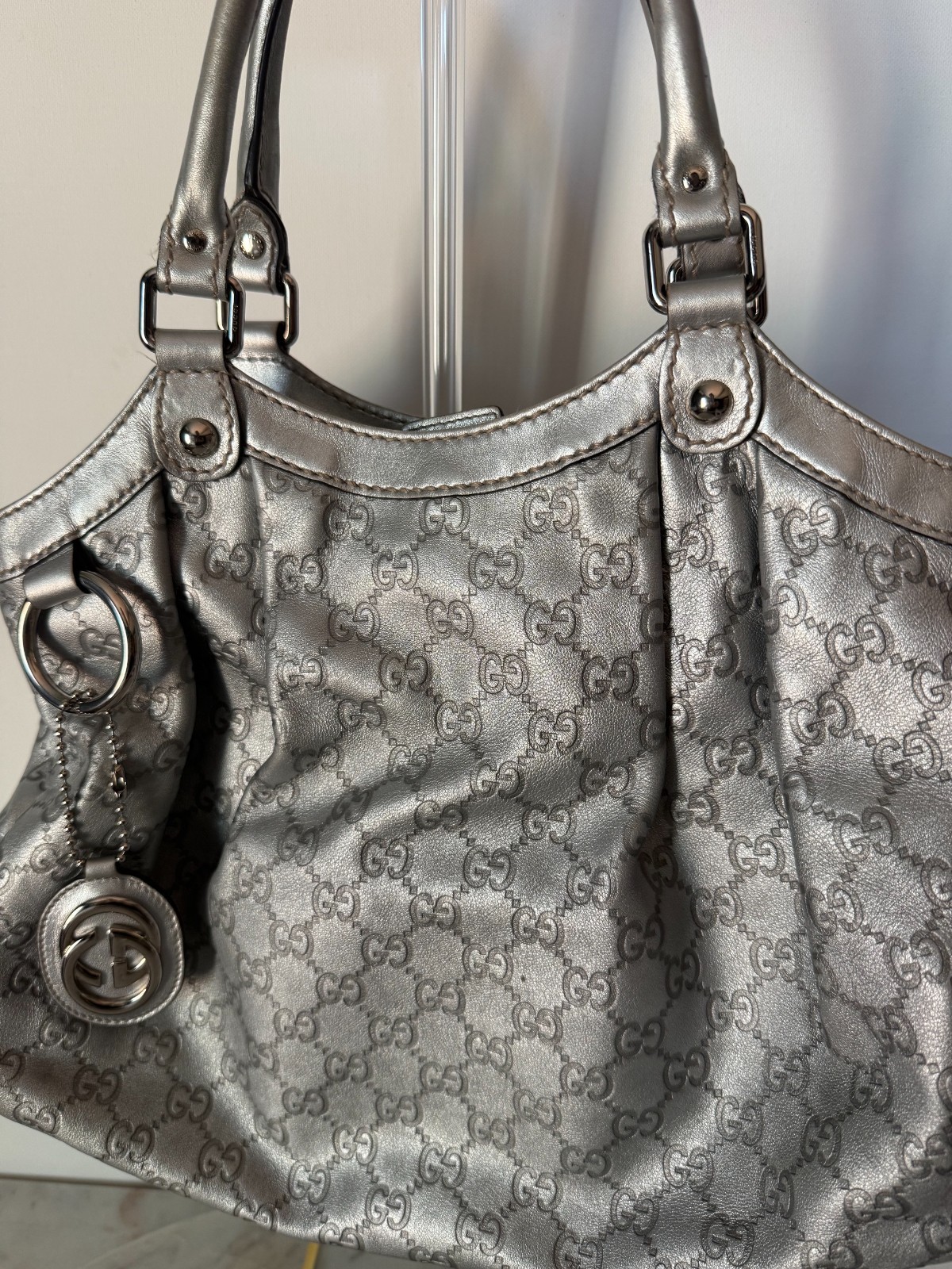 Gucci Guccissima Sukey Tote Metallic Silver Leather Shoulder Bag 211944