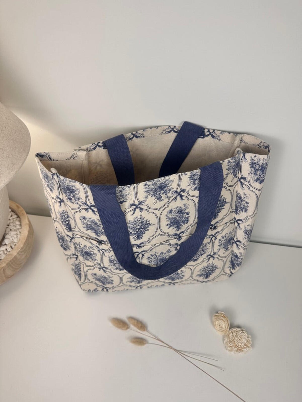 French Provençale Style Tote Bag 14″ tall – Blue and White
