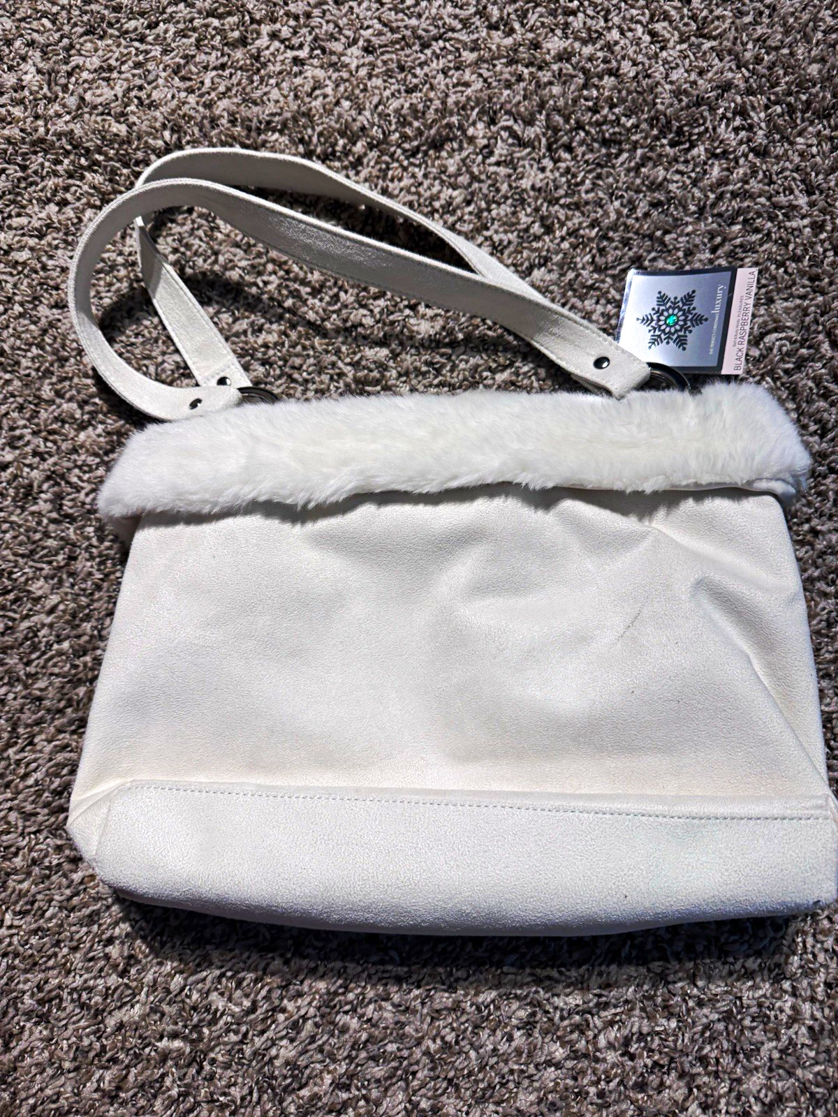 Bath & Body Works White Fur Trim Small Shoulder Bag Magnetic Closure Pockets