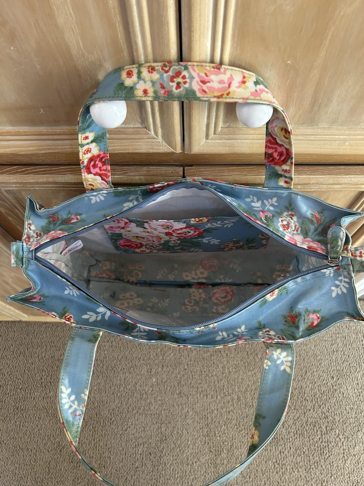Cath Kidston Tote Bag with Zipper Blue Pink Roses Floral Oilcloth