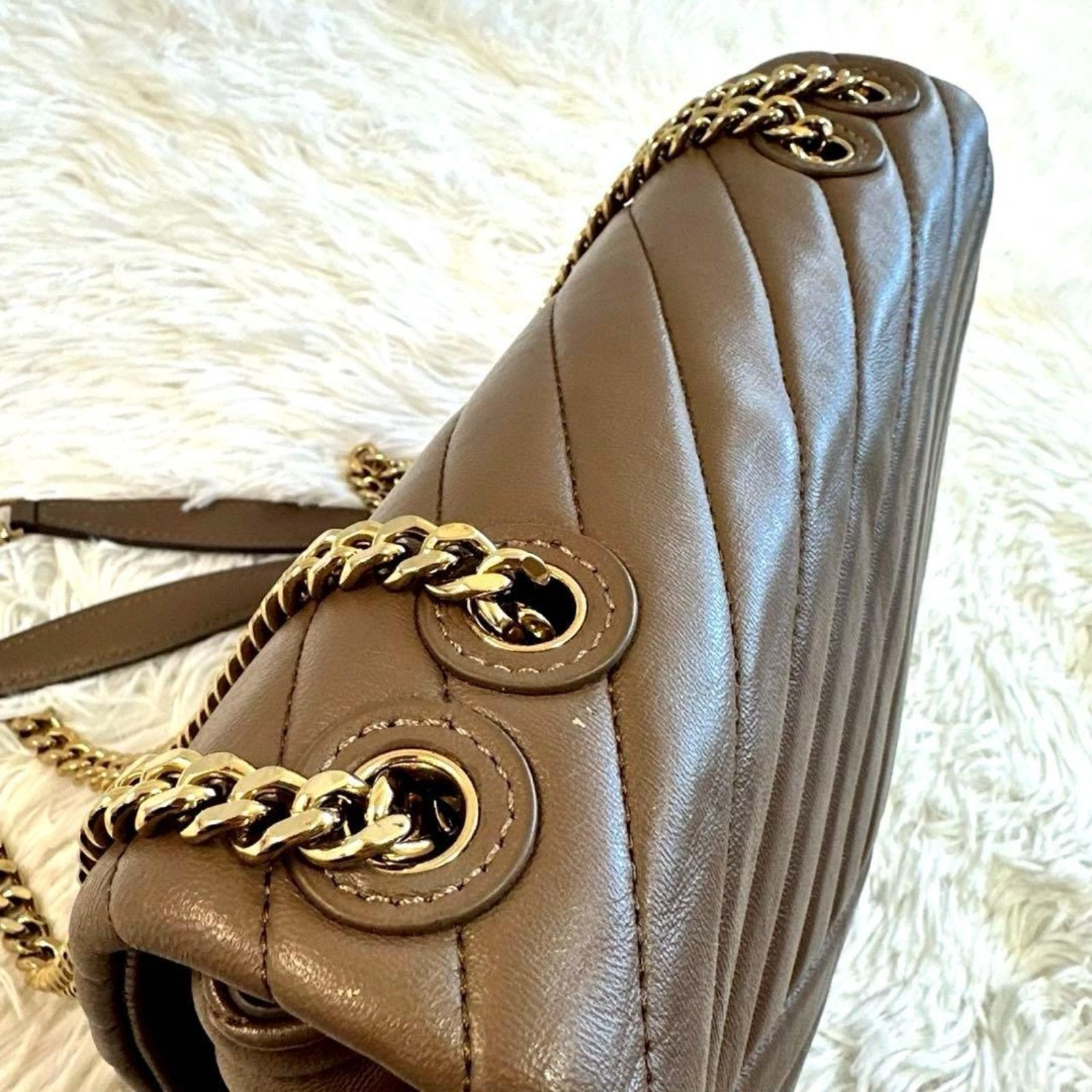 Tory Burch Kira Chevron Convertible Shoulder Bag Brown Leather Gold Chain EUC