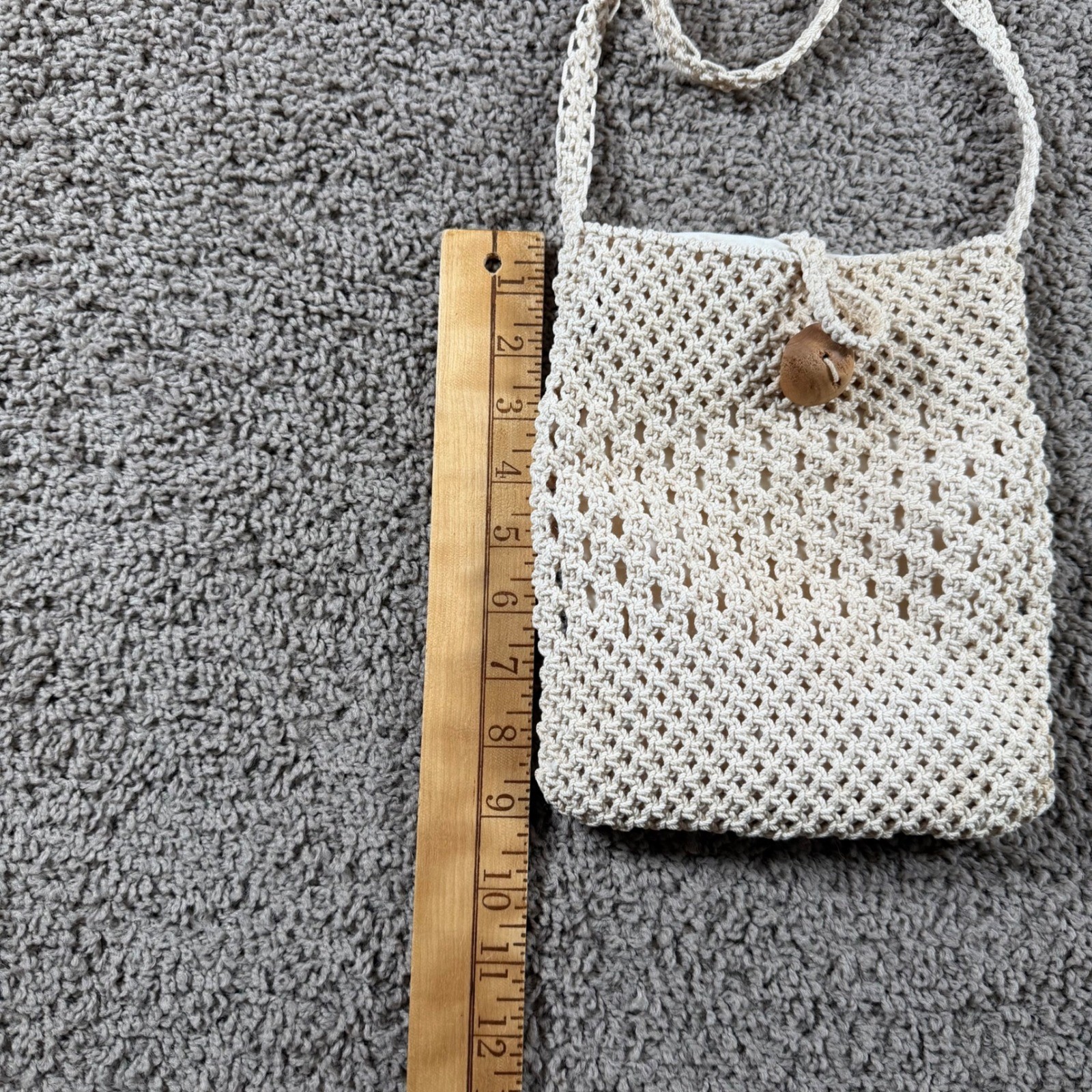 Handmade Crochet Crossbody Bag Cream Boho Open Weave Wood Button Purse macrame