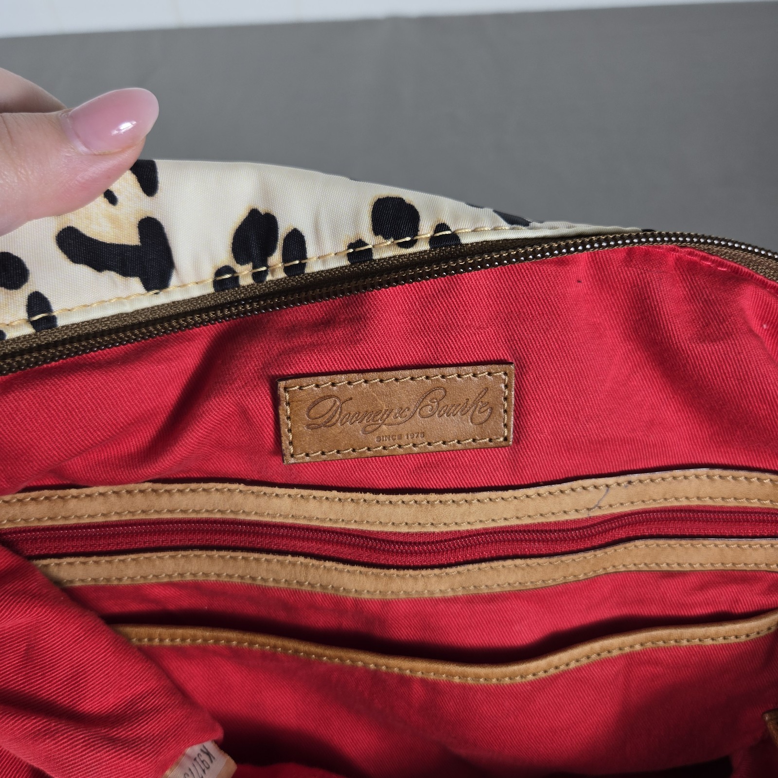 Dooney & Bourke Animal Print Satchel Top Handle Beige Black Zip Bag Charm
