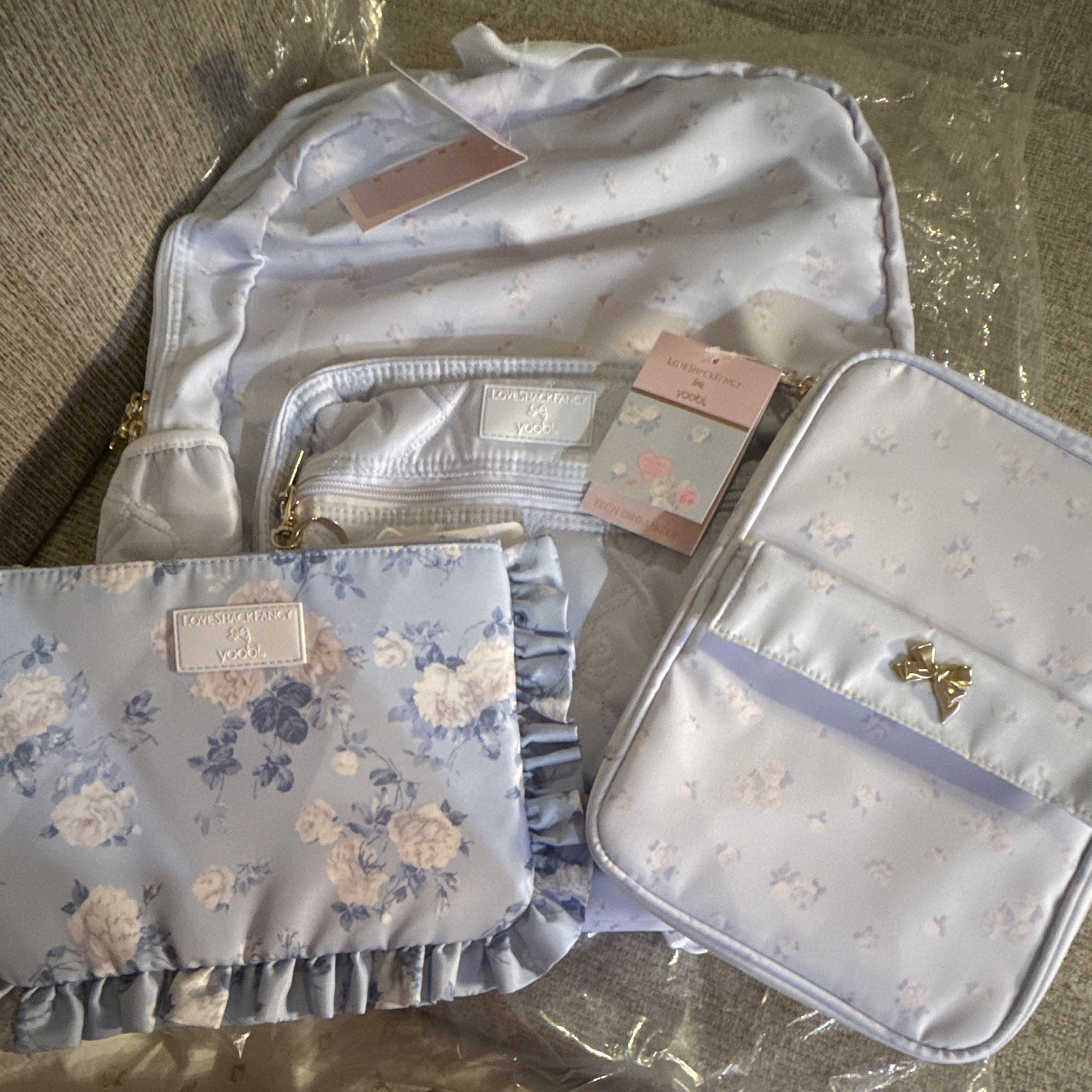 LoveShackFancy x yool 3pc Light Blue Floral Cosmetic Pouch Set Zip Pockets