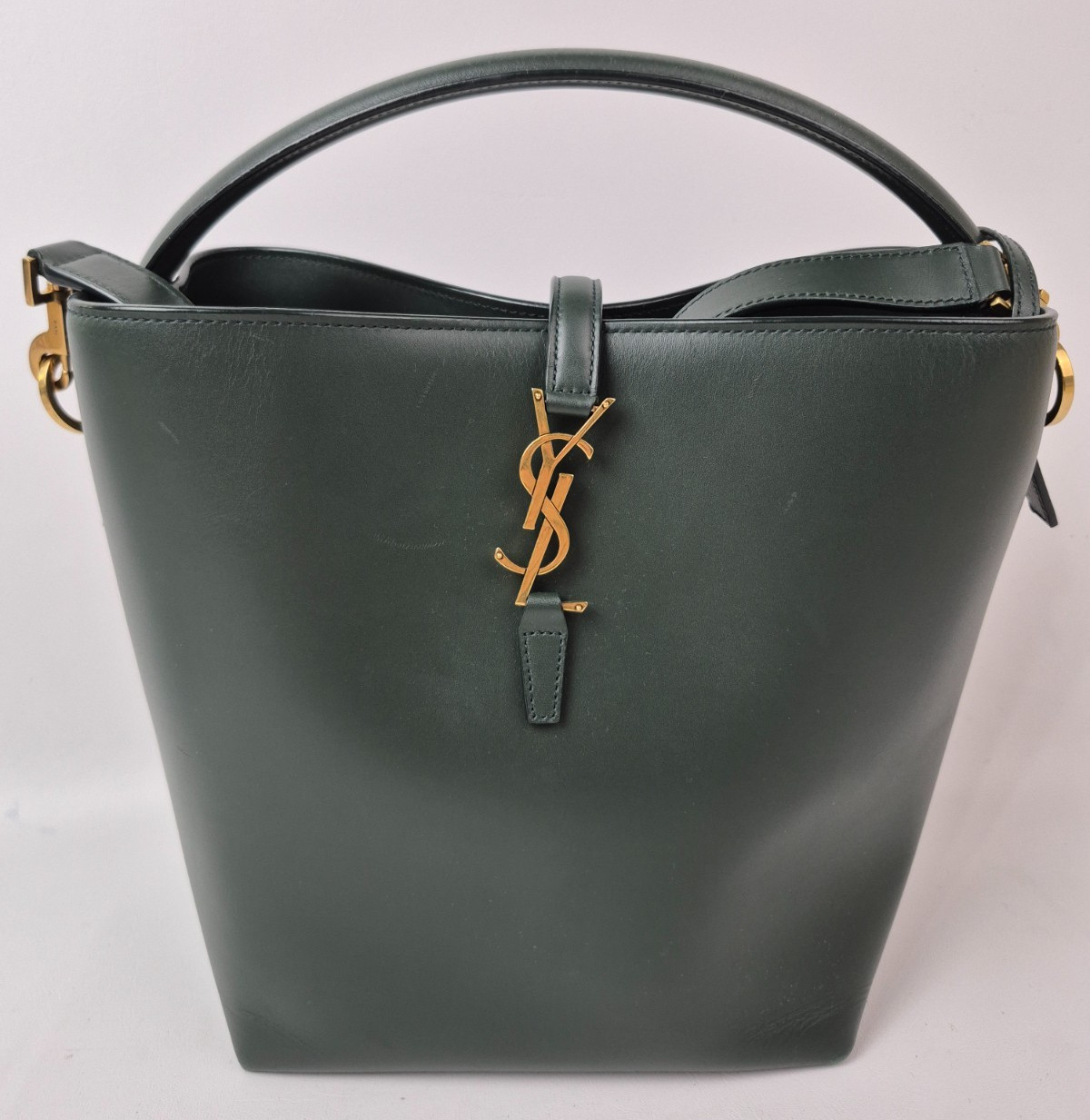 Saint Laurent Vert Fonce Green Shiny Calfskin Leather Small Le 37 Bucket Bag