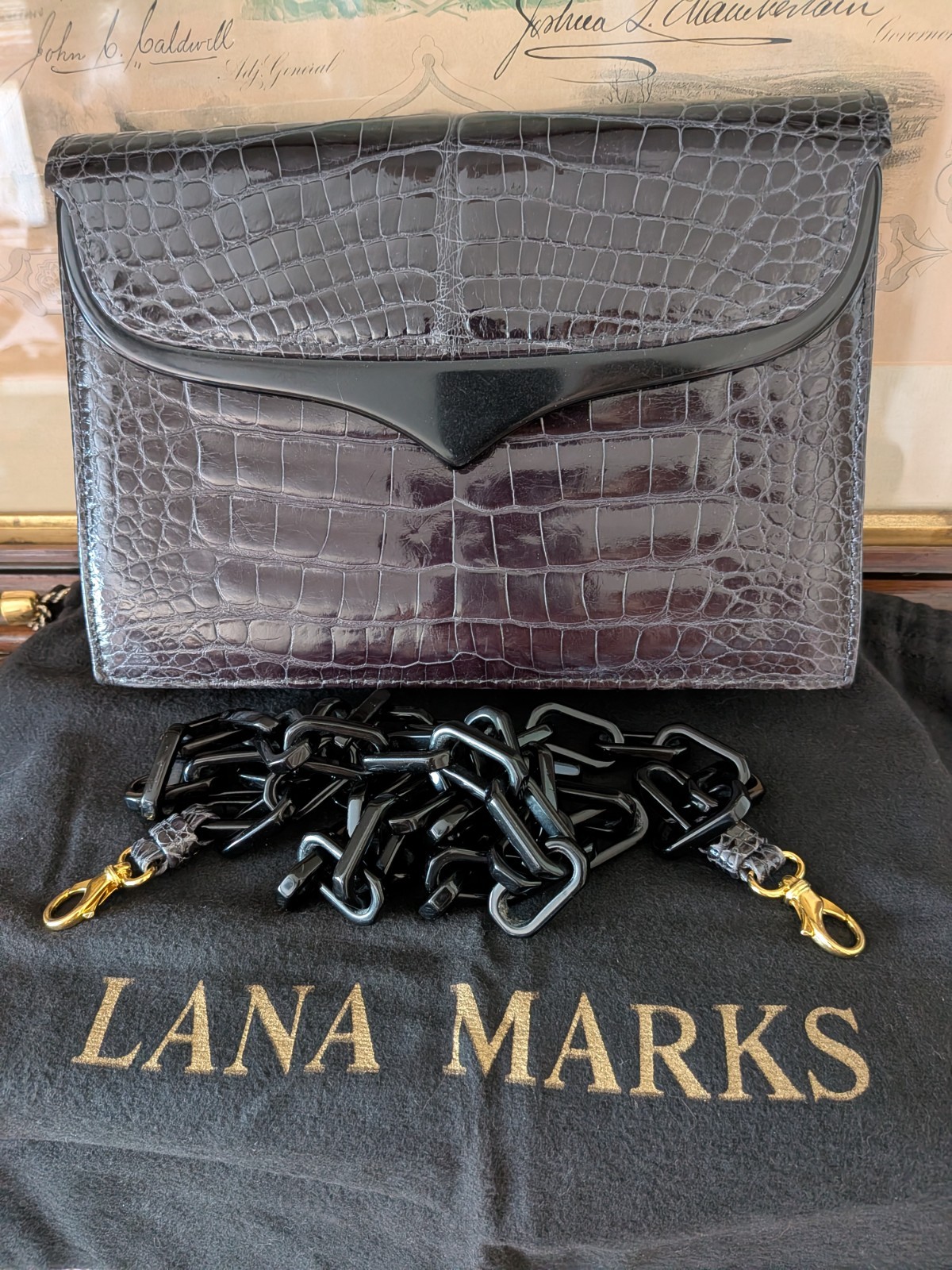 $$ SOLD OUT! Lana Marks BELLA DONNA alligator charcoal gray clutch/shoulder bag