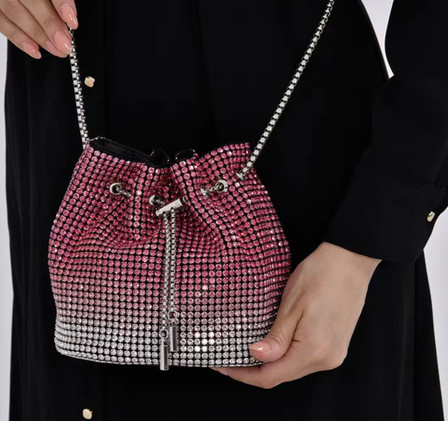 GORGEOUS Austrian Crystal with Red Gradient Coloring Bucket Purse with Strap