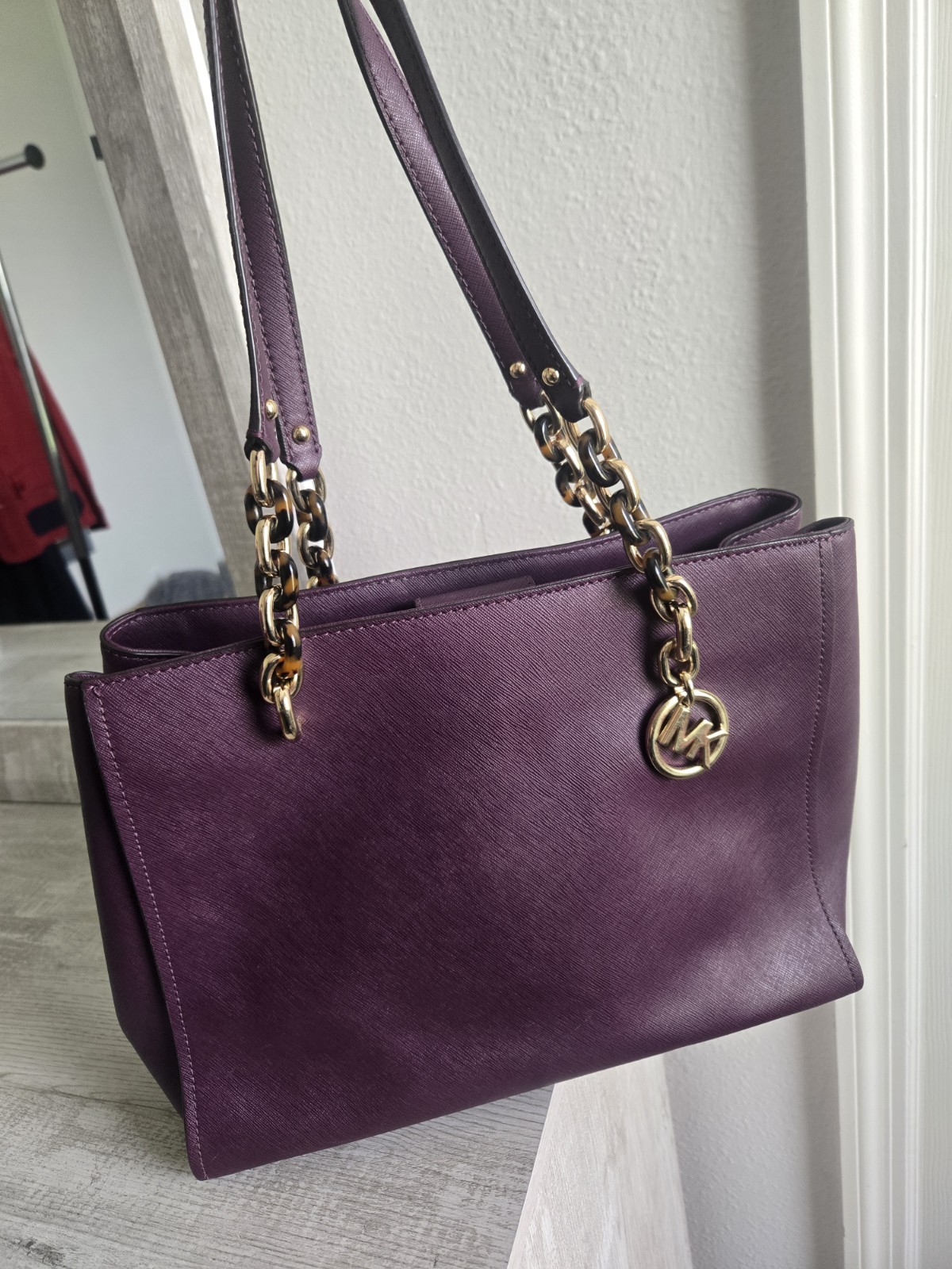Michael Kors Purple Leather Sofia Shoulder Bag Gold Chain Logo Charm for Women