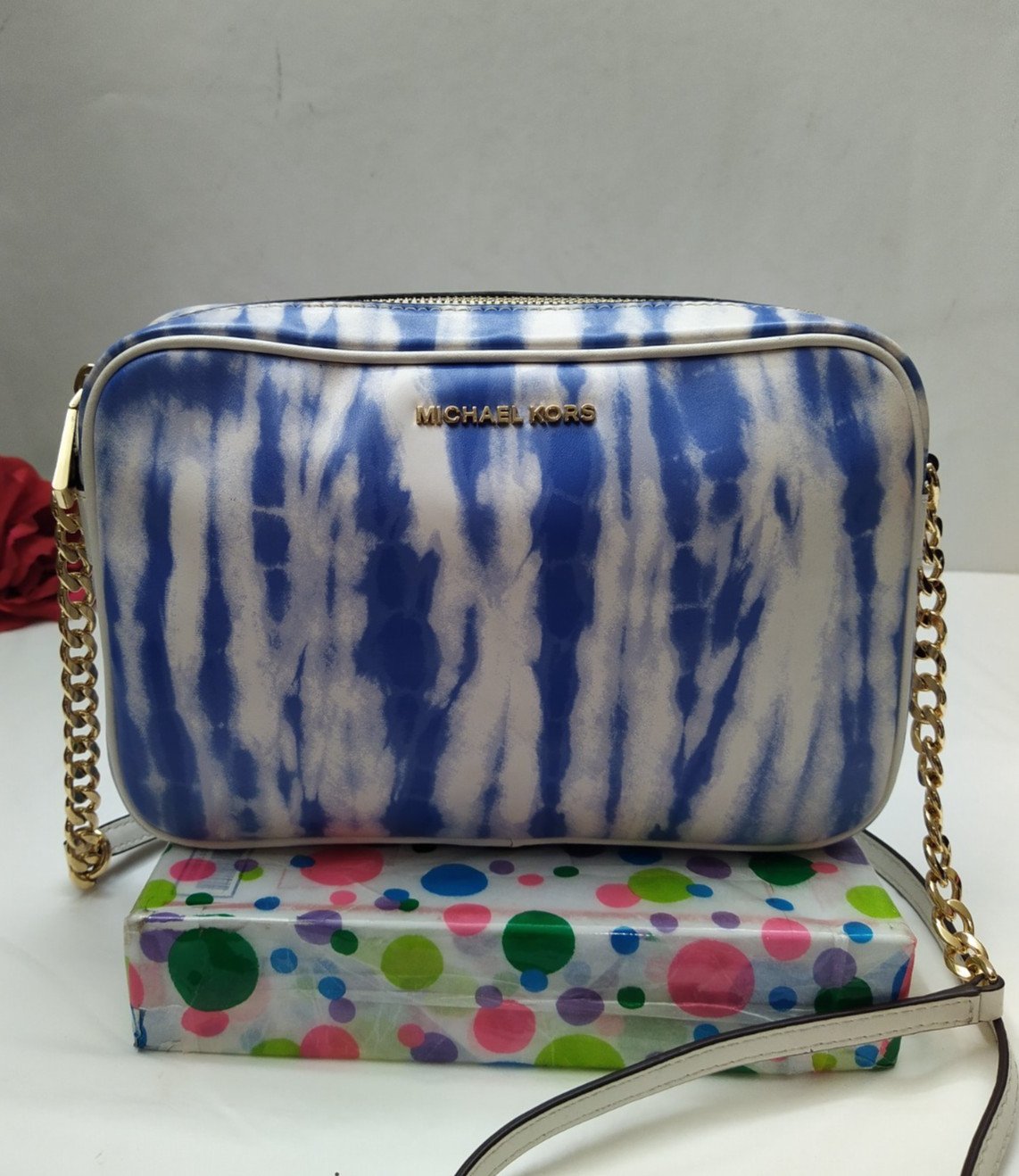 Michael Kors Jet Set Oxford Blue White Die Leather Crossbody Bag