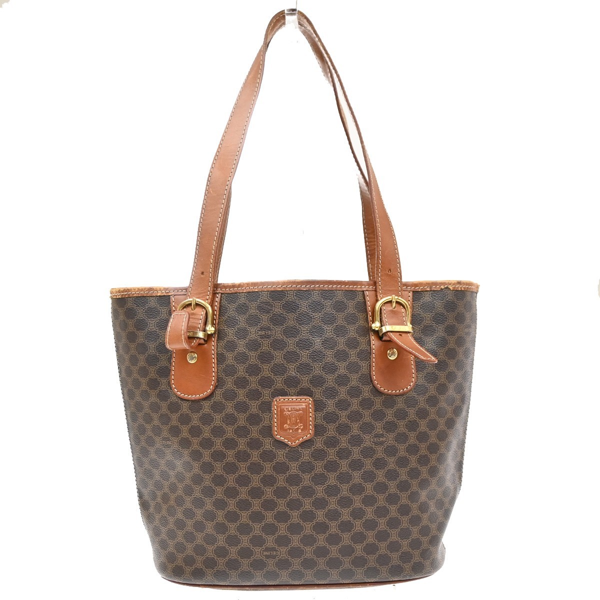 CELINE Logo Macadam Pattern Shoulder Tote Bag PVC Leather Brown GHW 07EG396