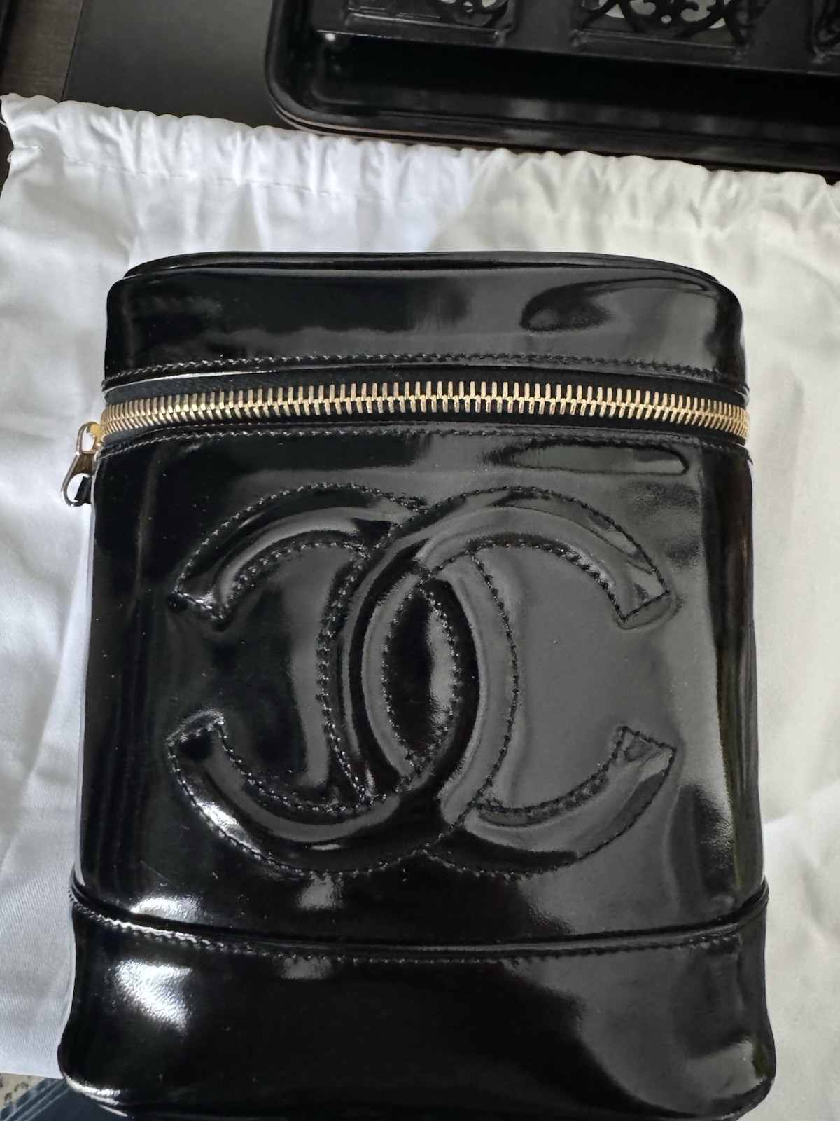 Vintage CHANEL Vertical Tall Vanity Bag Black Patent Leather Gold Hardware